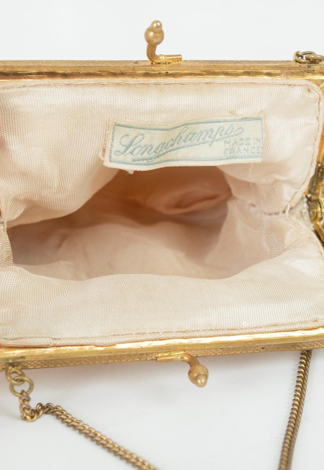 Longchamps Paris - Sac de soirée en micro-perles à fleurs ivoire avec poignée en chaîne, années 1950 en vente 5