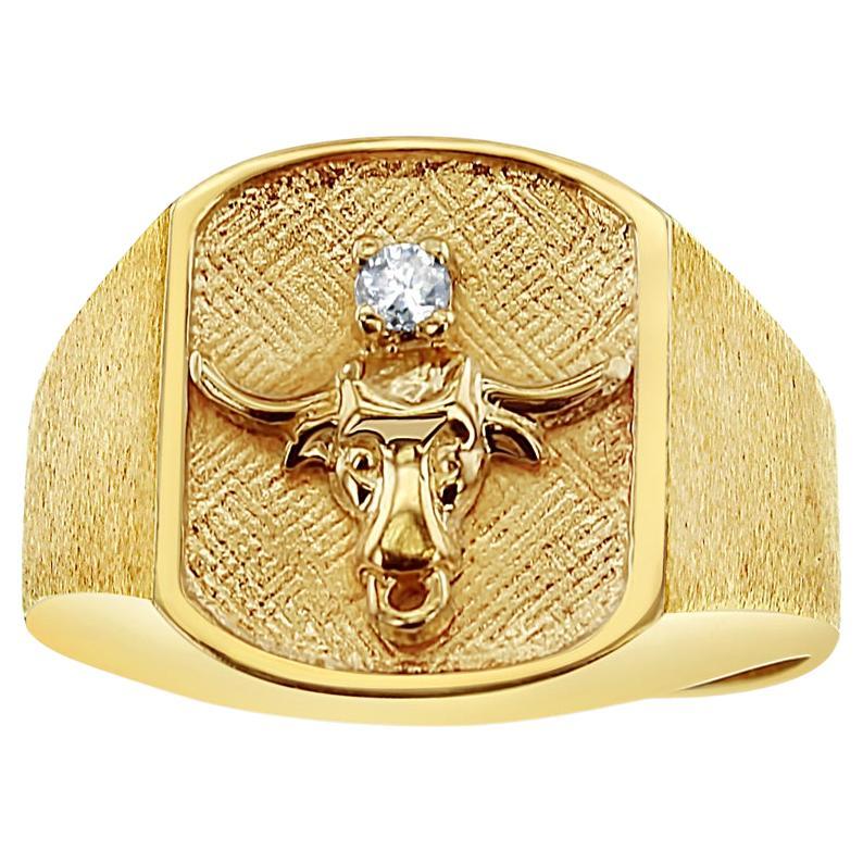 Longhorn Diamond Ring with Brushed Satin Finish on Side 14k Yellow Gold For Sale