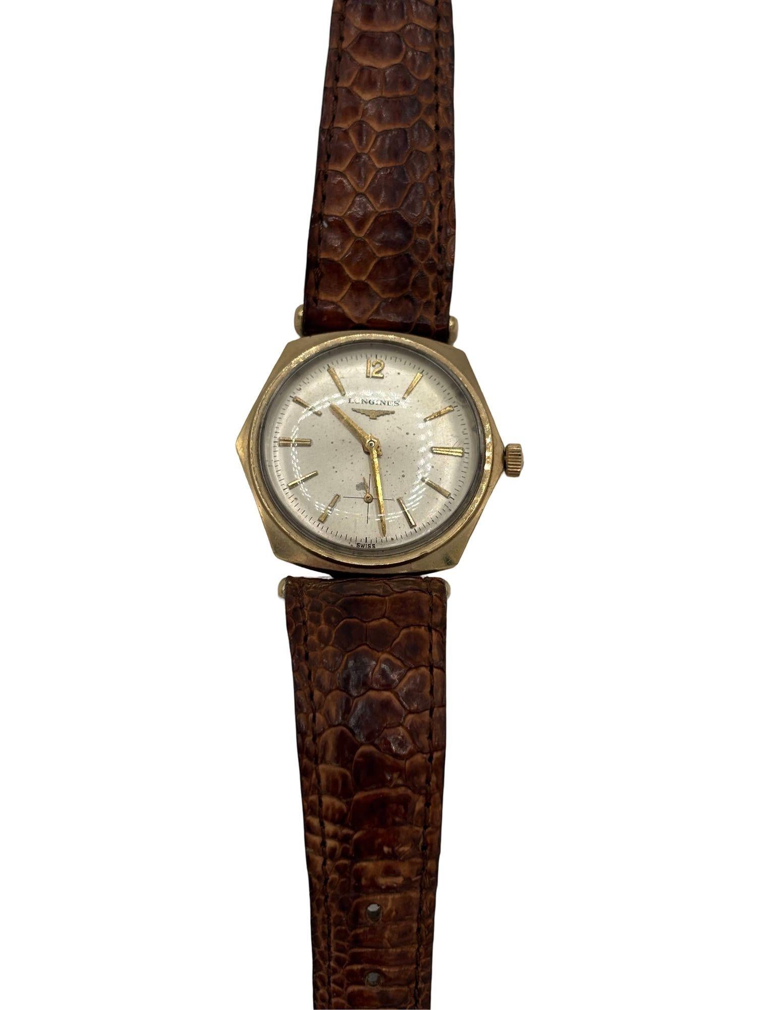 Mid-Century Modern Longines 10K Gold-Filled Hexagonal Case Manual Watch w/ Crocodile Leather Band For Sale