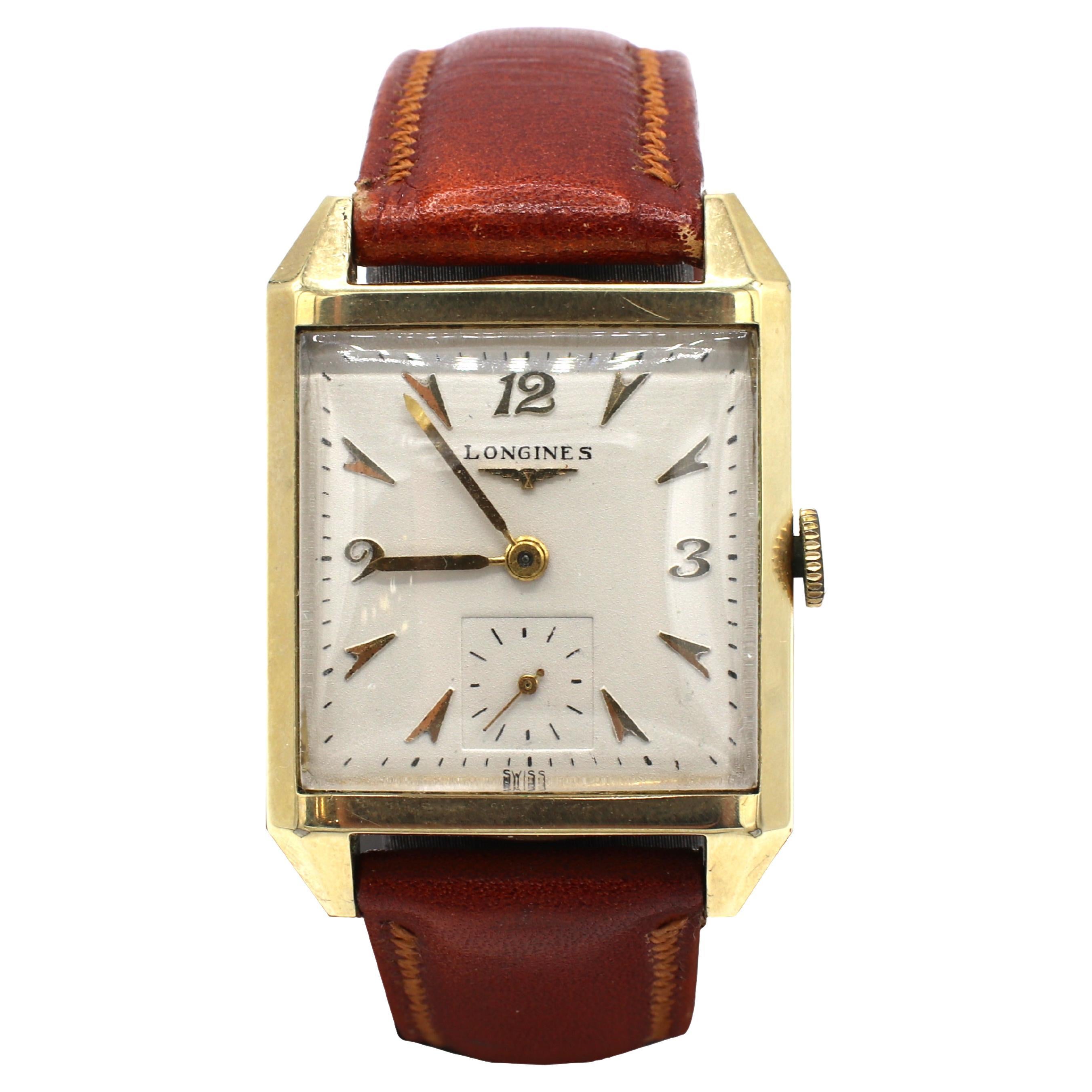 Longines 10K Gold Filled Manual Wind Tank Wrist Watch Leather Strap