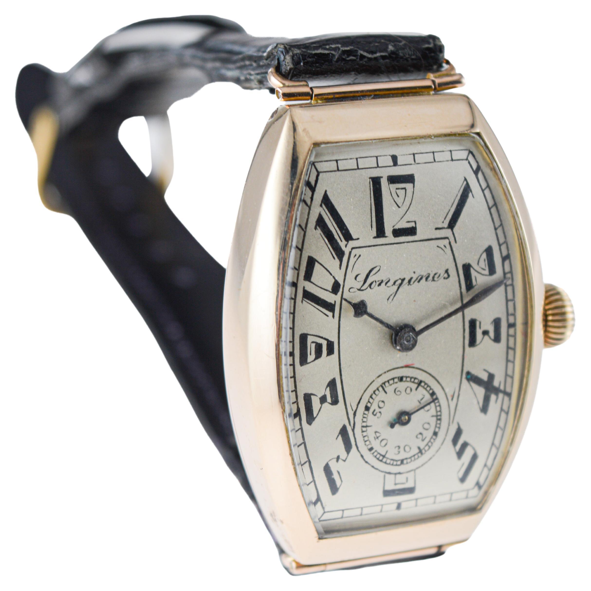 Longines 14 Karat Gold Art Deco Tonneau Shaped Manual Watch, circa 1920s In Excellent Condition In Long Beach, CA