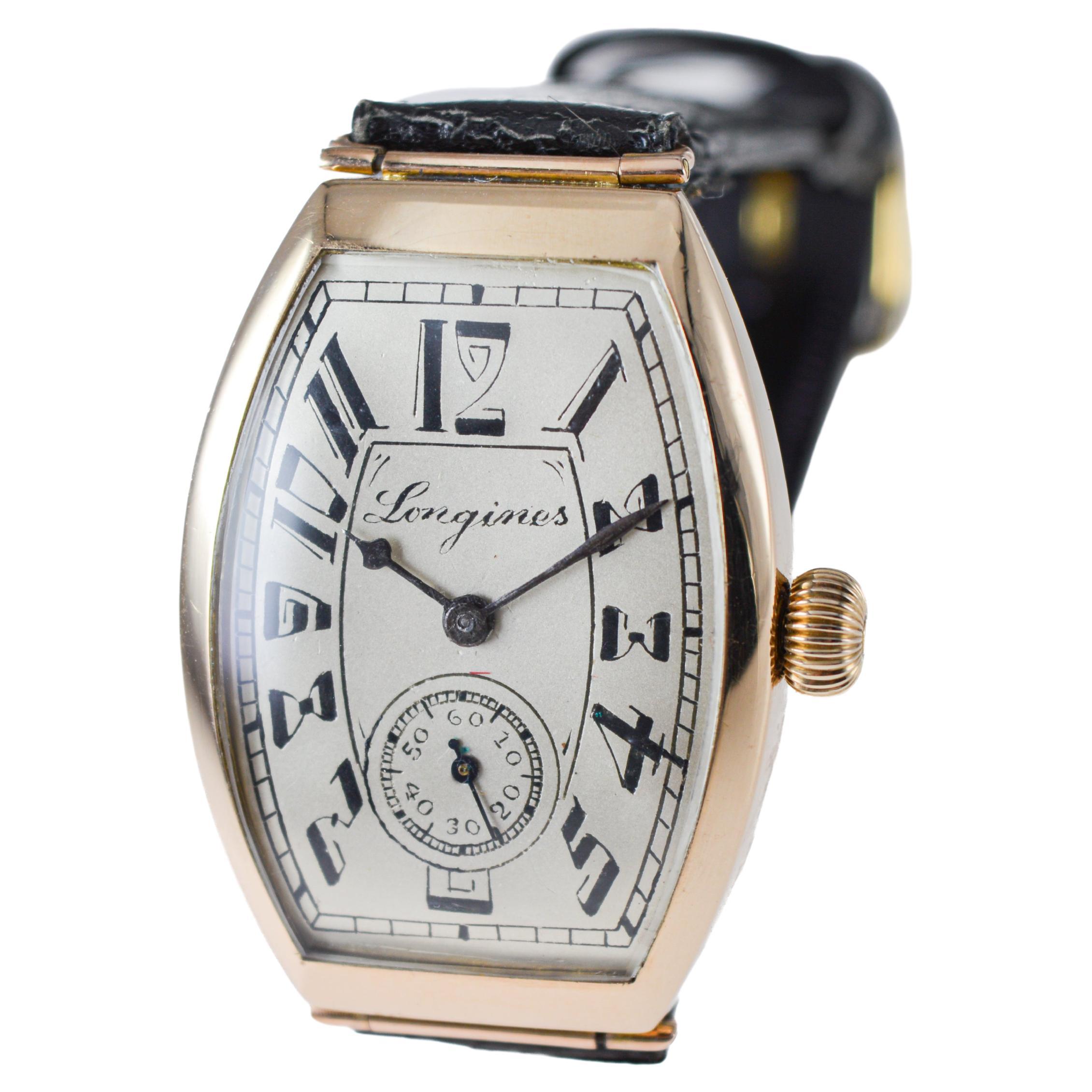 Longines 14 Karat Gold Art Deco Tonneau Shaped Manual Watch, circa 1920s 1