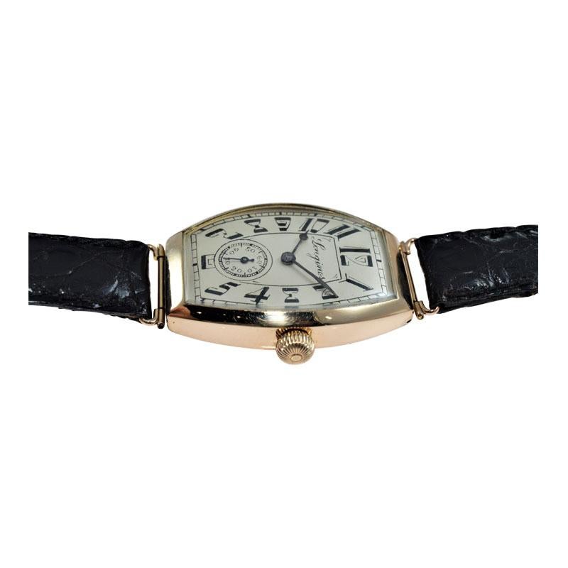 Longines 14 Karat Gold Art Deco Tonneau Shaped Manual Watch, circa 1920s 2