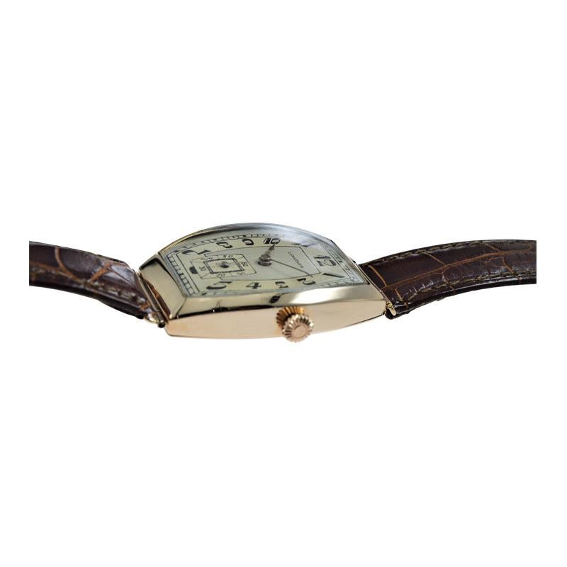 Art Deco Longines 14 Karat Rose Gold Russian Style Tonneau Shaped Wristwatch ca Mid Teens For Sale