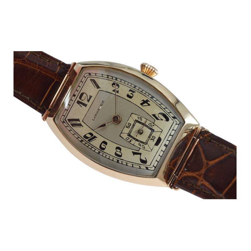 Longines 14 Karat Roségold Tonneau-Armbanduhr im russischen Stil ca. Mitte der Teenager für Damen oder Herren im Angebot