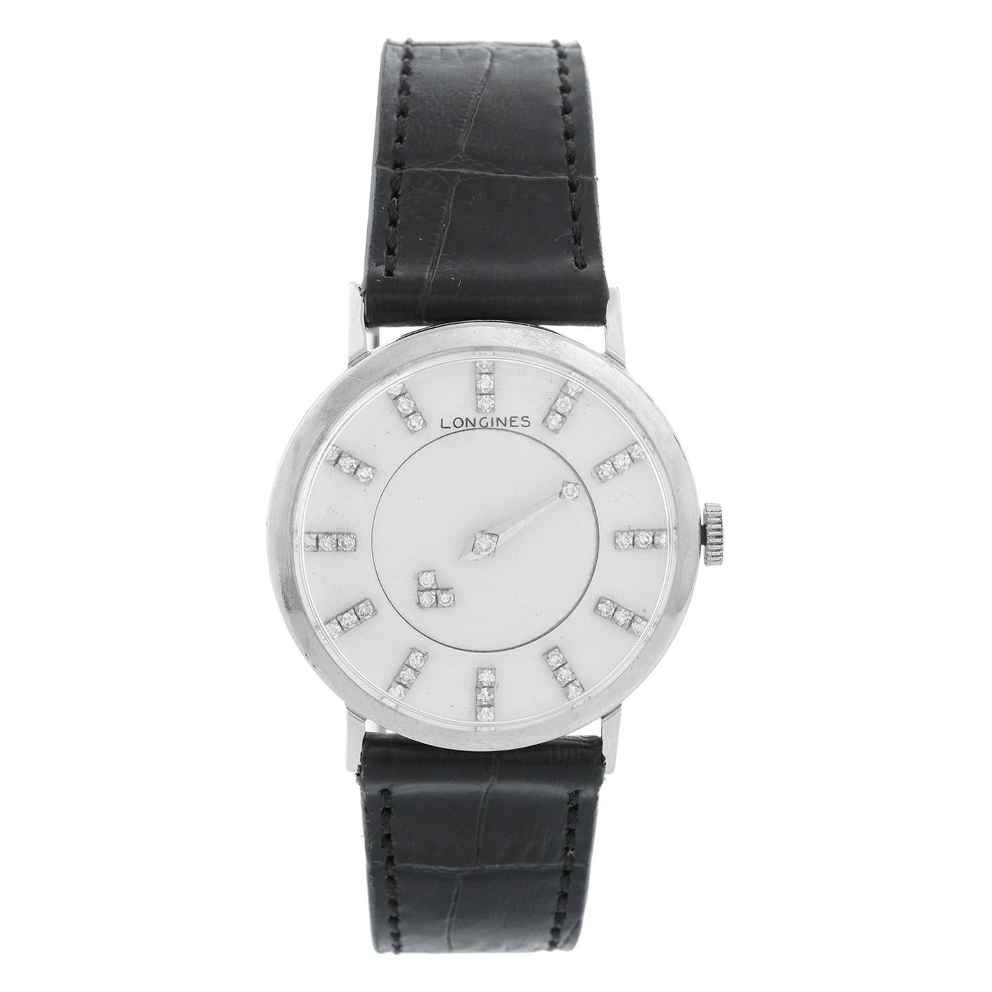 Longines 14 Karat White Gold 1950s Mystery Dial Watch For Sale