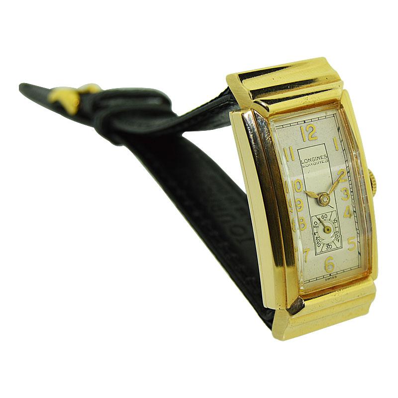 Longines 14 Karat Yellow Gold Art Deco Tank Style Watch with Original Dial In Excellent Condition In Long Beach, CA