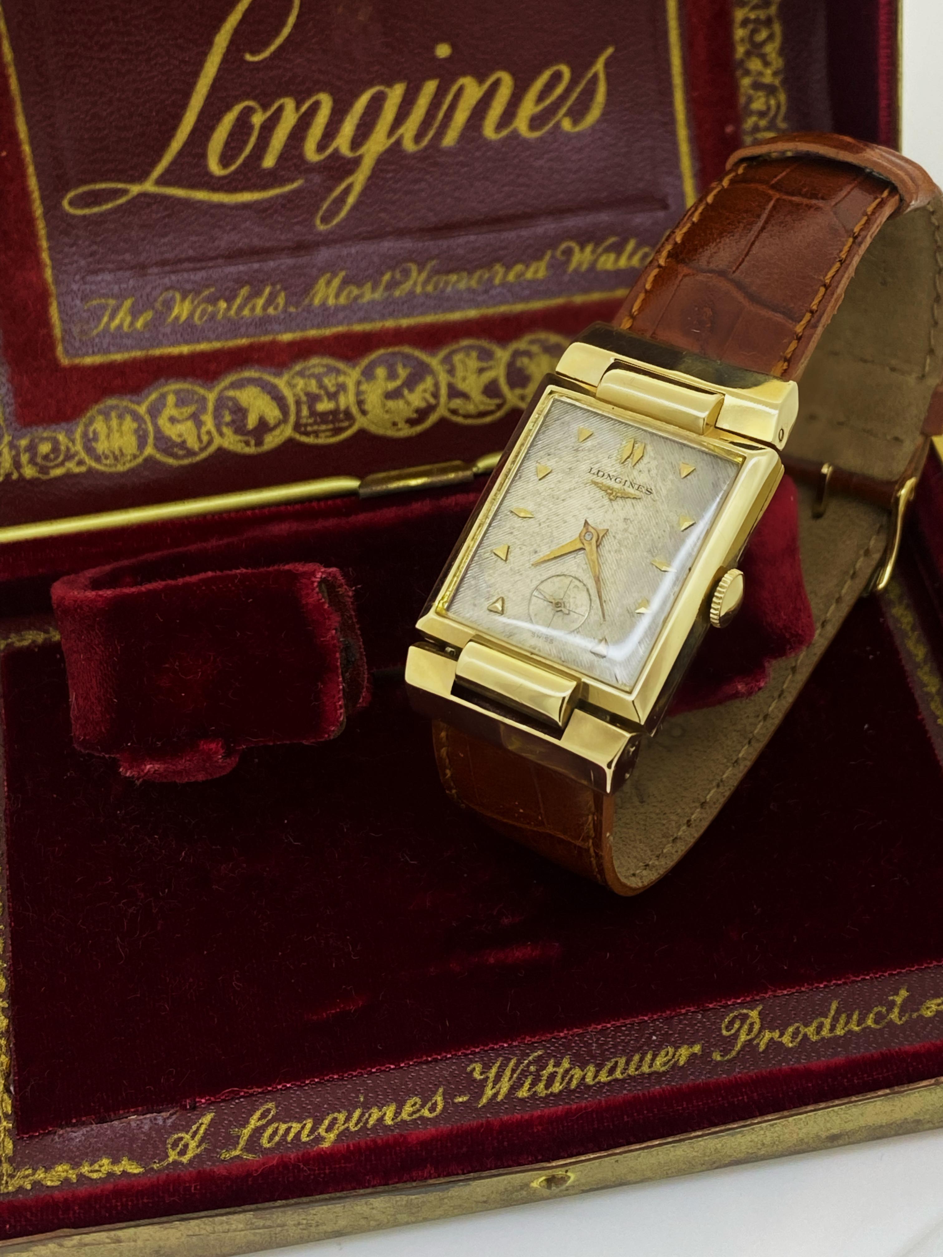 Men's Longines 14K Gold ref 3389, 22.L c1953 Rectangle Articulated Adaptive Lugs Watch For Sale