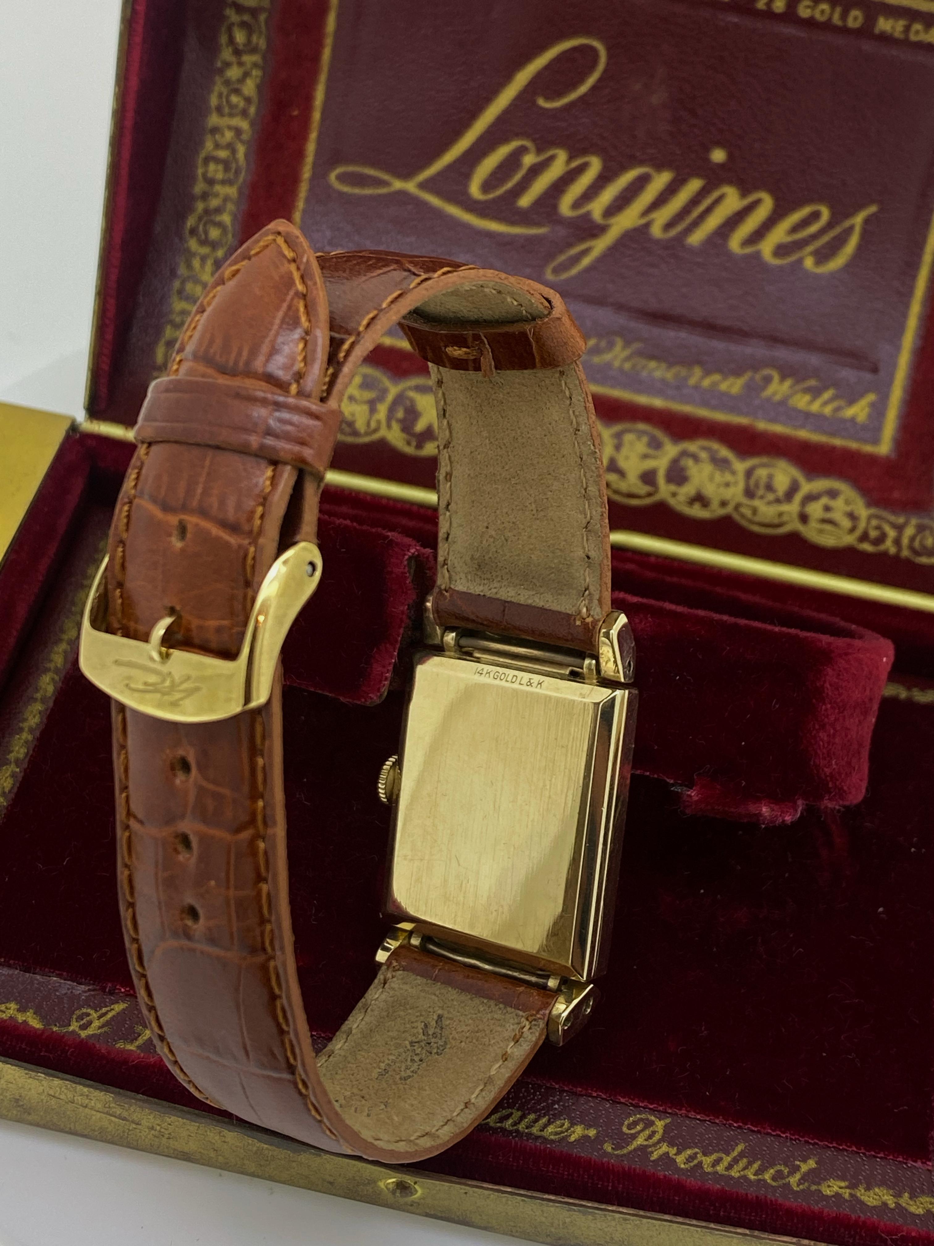 Longines 14K Gold ref 3389, 22.L c1953 Rectangle Articulated Adaptive Lugs Watch For Sale 2