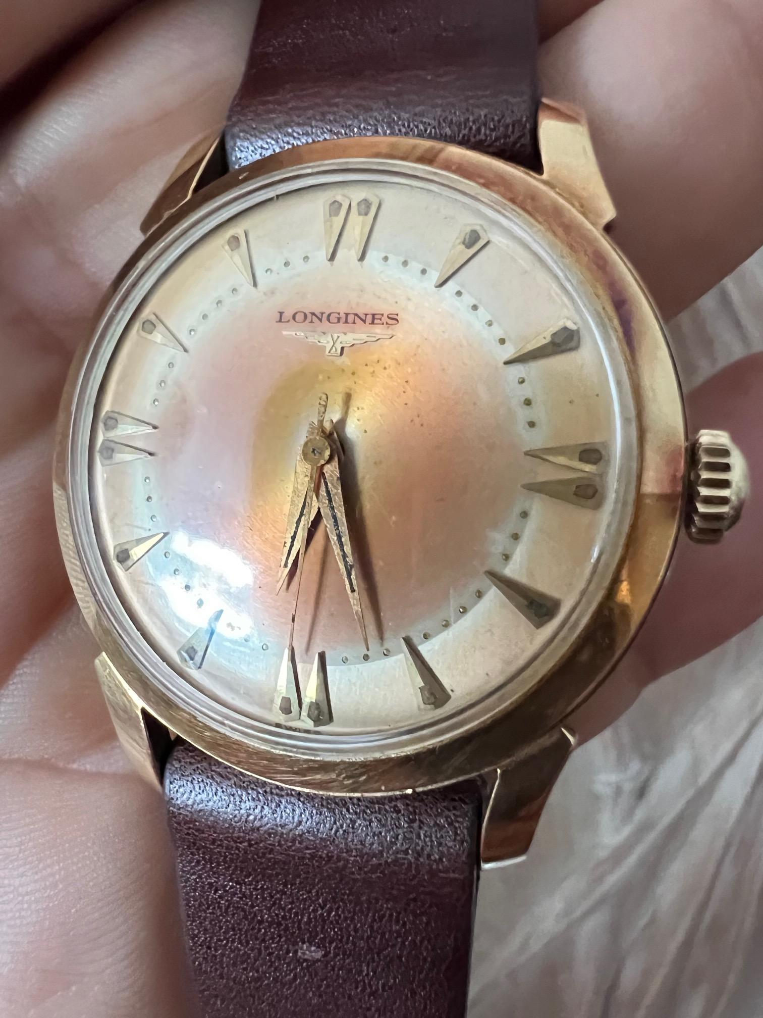 Longines 14k Gold Watch Tropical Patina In Good Condition For Sale In Saint Petersburg, FL