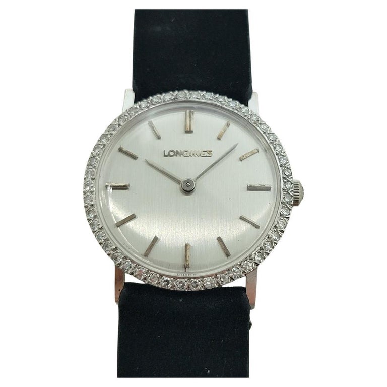 Longines 14k White Gold 28mm 1960s Ladies Cocktail Diamond Hand Wind Watch RA654 For Sale at 1stDibs Longines 14k White Gold 28mm 1960s Ladies Cocktail Diamond Hand Wind Watch RA654 For Sale at 1stDibs