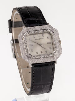 Longines 14k White Gold Square Men's Dress Watch w/ Diamond Bezel 428