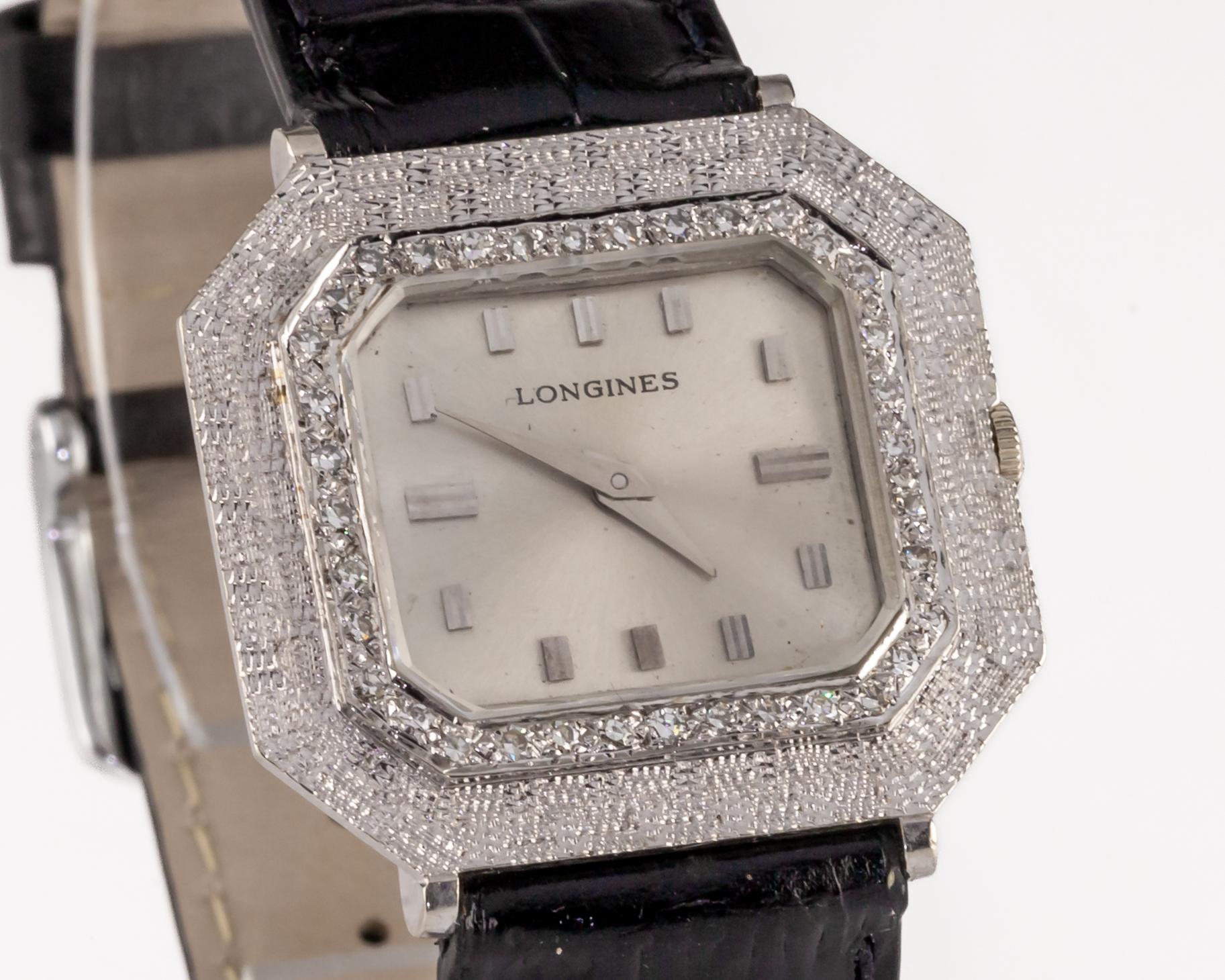 Modern Longines 14k White Gold Square Men's Dress Watch w/ Diamond Bezel 428 For Sale