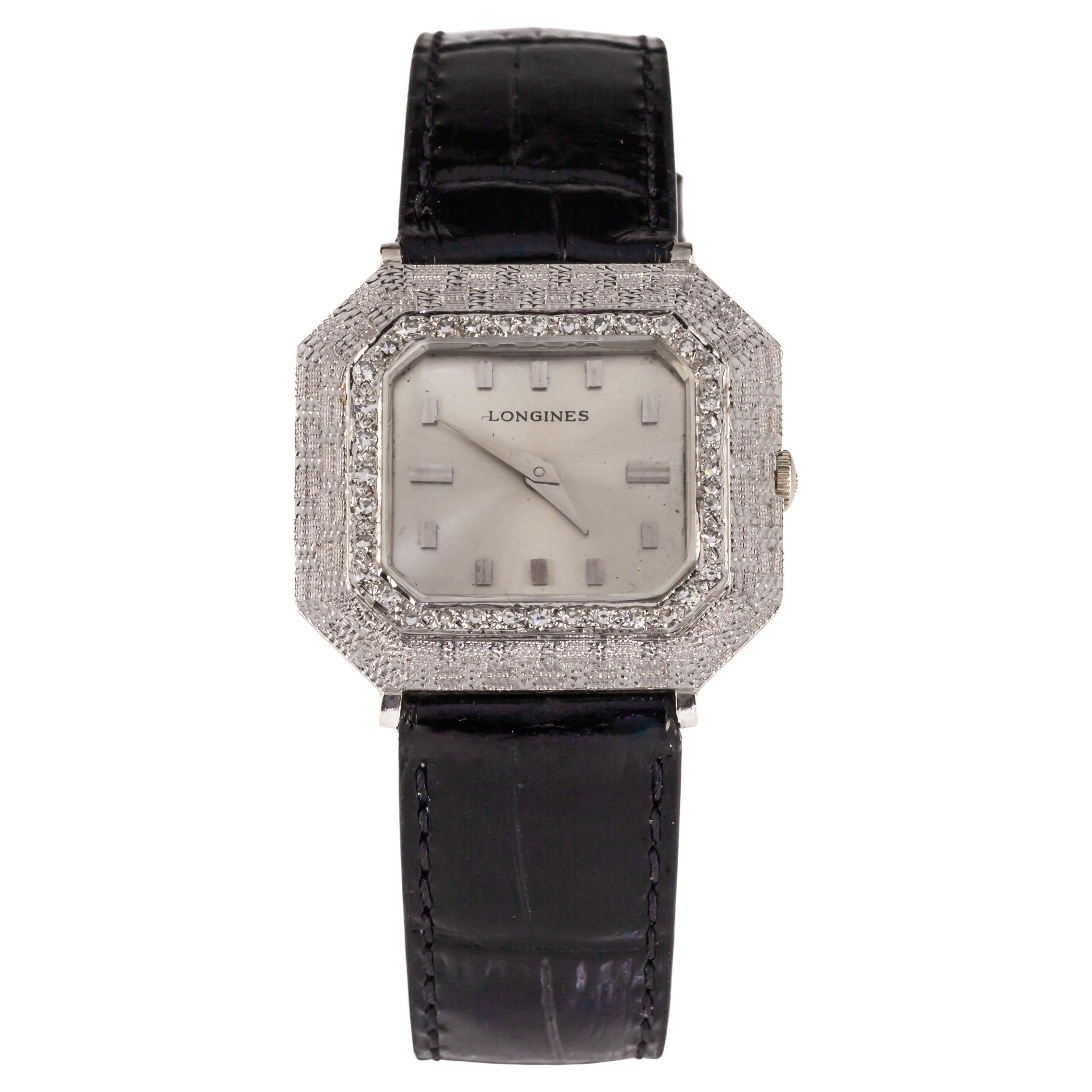 Longines Montre habillée pour homme en or blanc 14k, carrée, avec lunette en diamant 428