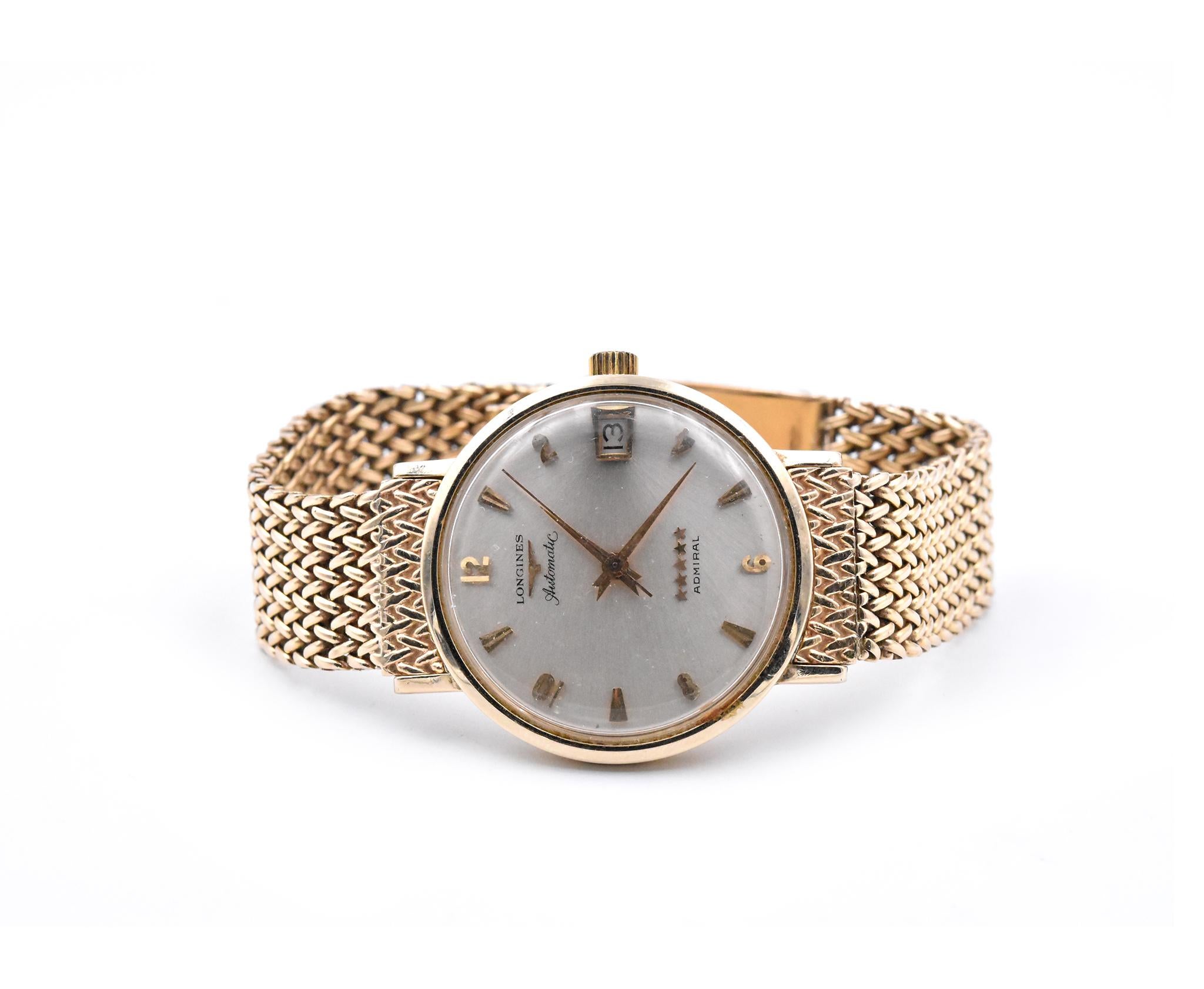 Movement: automatic
Function: hours, minutes, seconds, date
Case: 34.60mm case, smooth bezel, plastic crystal
Dial: silver dial with gold hour markers, gold hands
Band: 14k yellow gold bracelet with a double fold-over clasp, will fit up to a 7