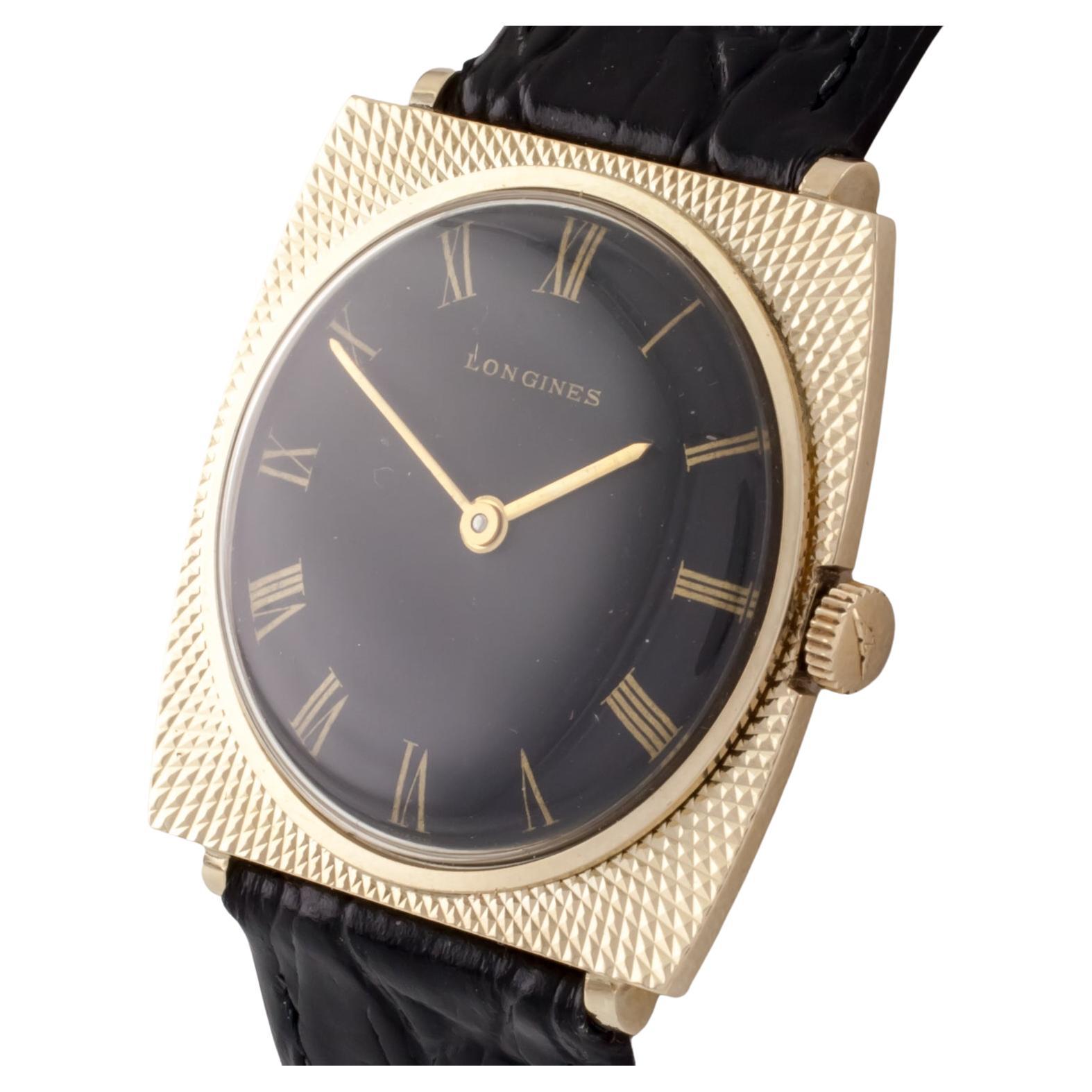 Longines 14k Gelbgold Herren-Hand-Winding-Uhr mit schwarzem Lederband im Angebot