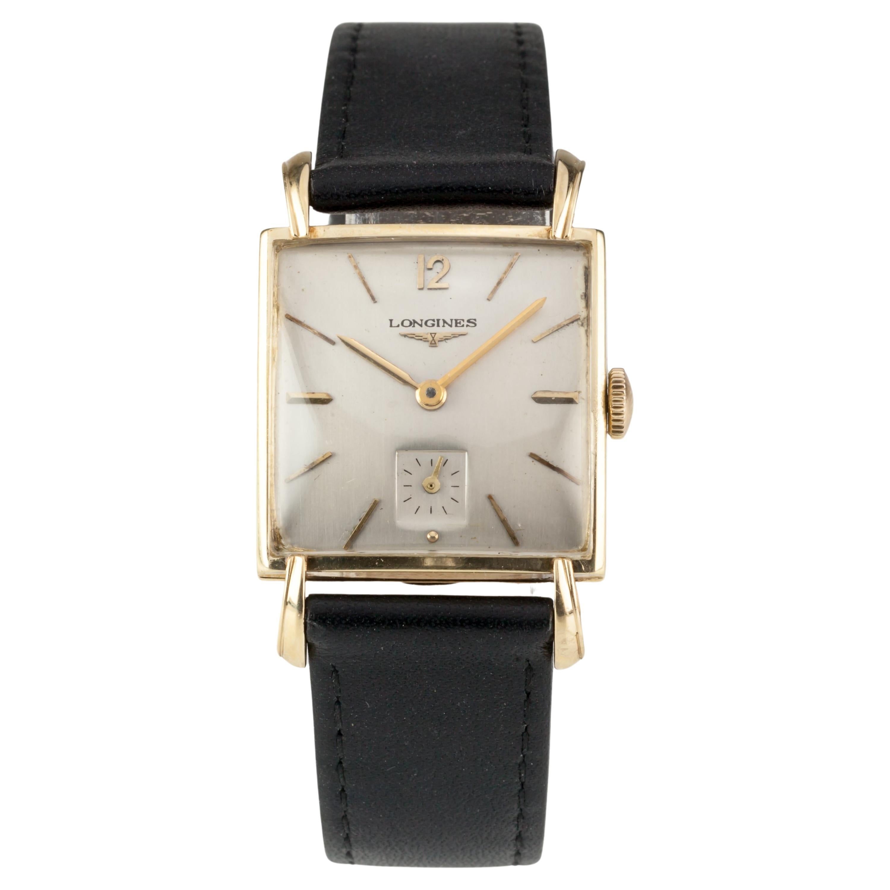 Longines 14k Gelbgold Quadratische mechanische Herrenuhr 22L 1960er Jahre mit Lederband