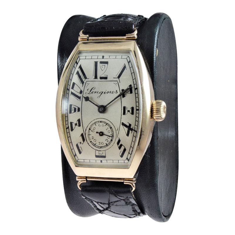 Longines 14 Karat Gold Art Deco Tonneau Shaped Manual Watch, circa 1920s In Excellent Condition In Long Beach, CA