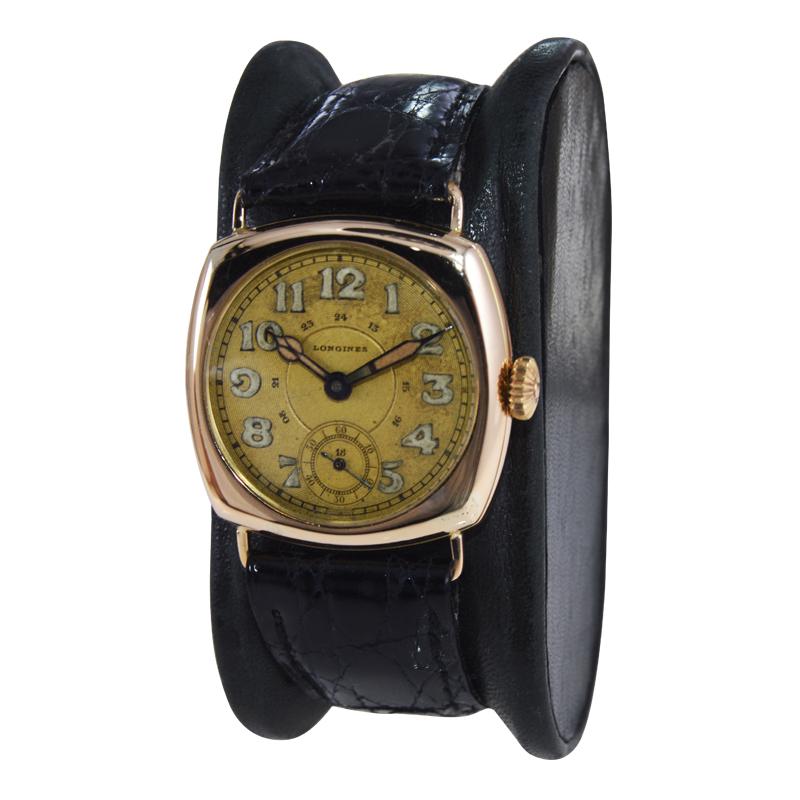 FACTORY / HOUSE: Longines Watch Company
STYLE / REFERENCE: Cushion / Military Dial 
METAL / MATERIAL: 14Kt. Solid Gold
CIRCA / YEAR: 1919
DIMENSIONS / SIZE: Length 35mm x Width 28mm
MOVEMENT / CALIBER: Manual Winding / 17 Jewels / Caliber 12.92
DIAL