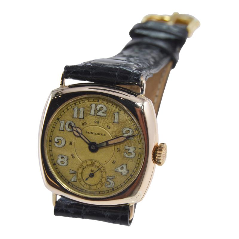 Art Deco Longines 14Kt. Solid Gold Cushion Shaped Watch with Original Dial from 1919 For Sale