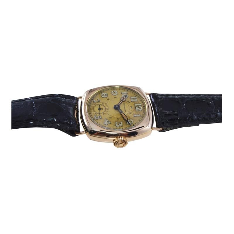 Women's or Men's Longines 14Kt. Solid Gold Cushion Shaped Watch with Original Dial from 1919 For Sale