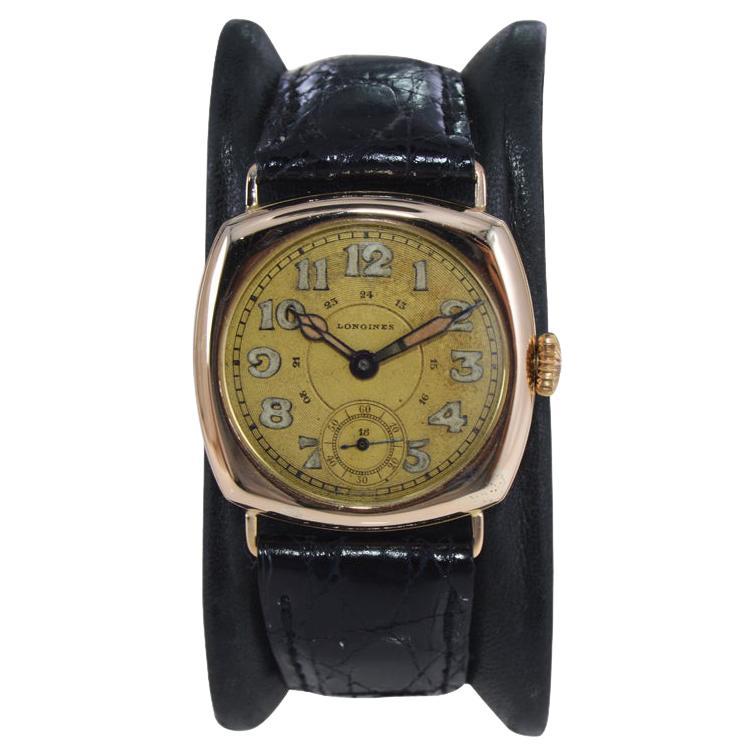 Longines 14Kt. Solid Gold Cushion Shaped Watch with Original Dial from 1919 For Sale