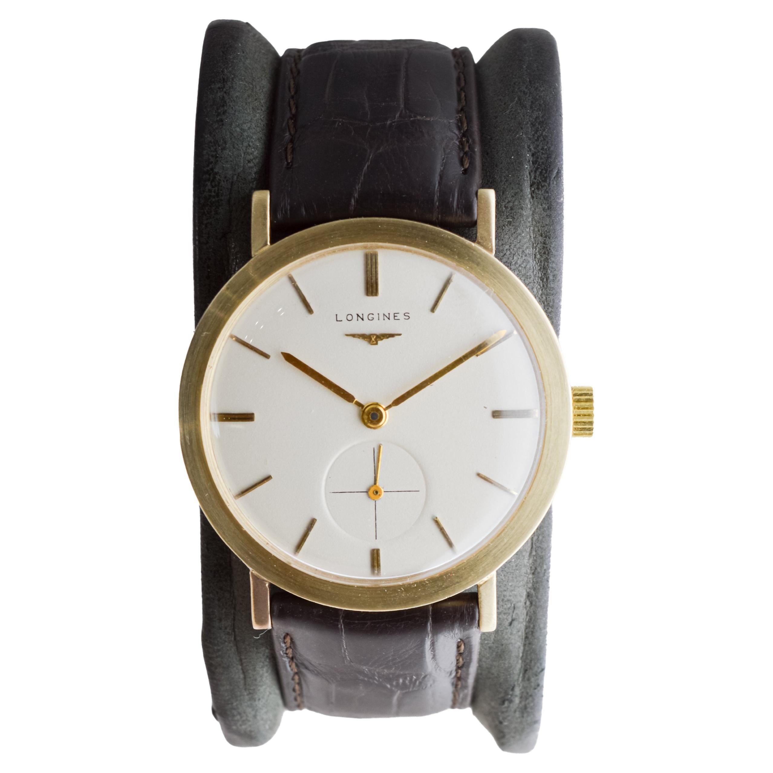 Longines 14Kt Solid Gold Mid-Century Watch circa 1960's Very Rare Model In Excellent Condition For Sale In Long Beach, CA