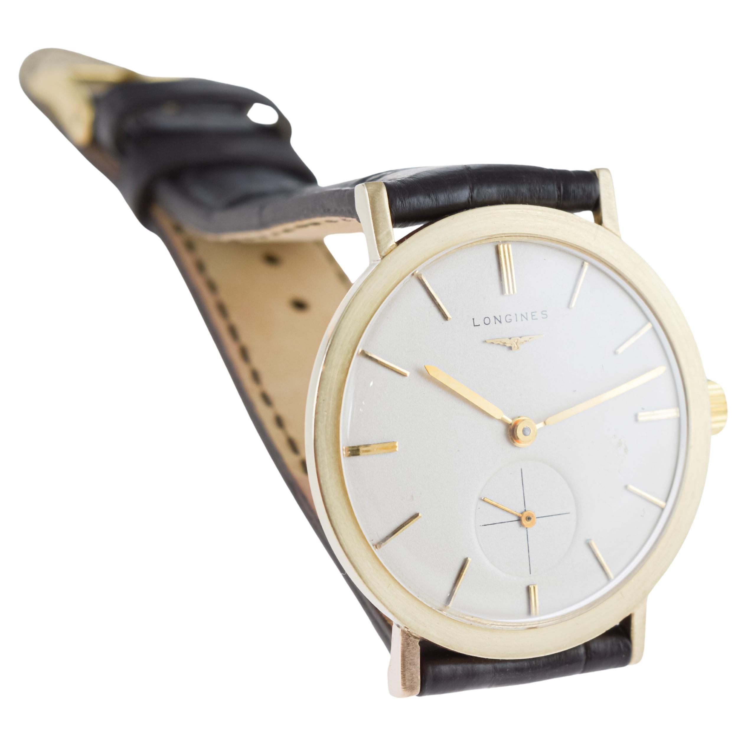 Longines 14Kt Solid Gold Mid-Century Watch circa 1960's Very Rare Model For Sale 4