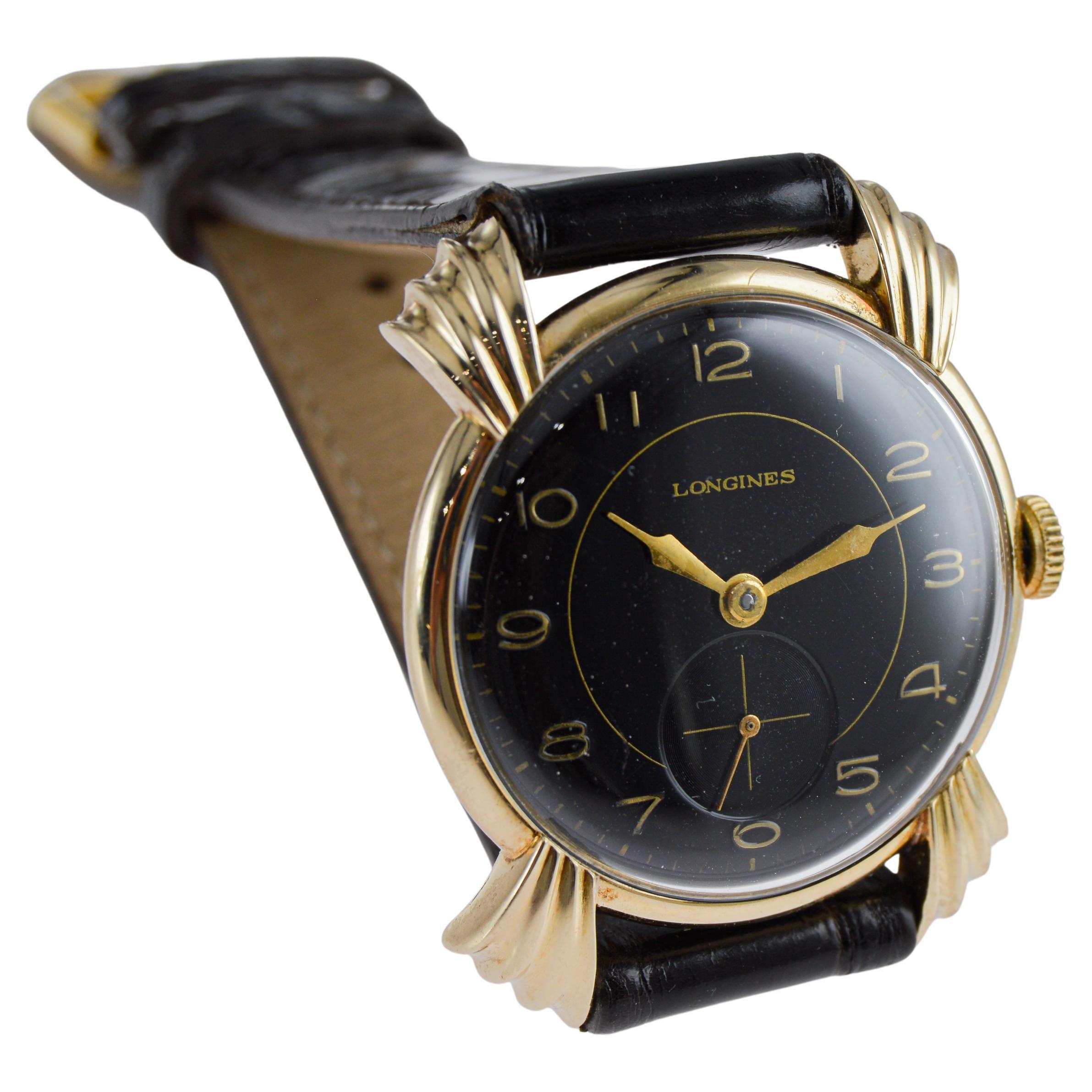 Longines 14Kt Solid Gold Rare Model Sculptured Lugs Art Deco Round Watch 1940's For Sale 6