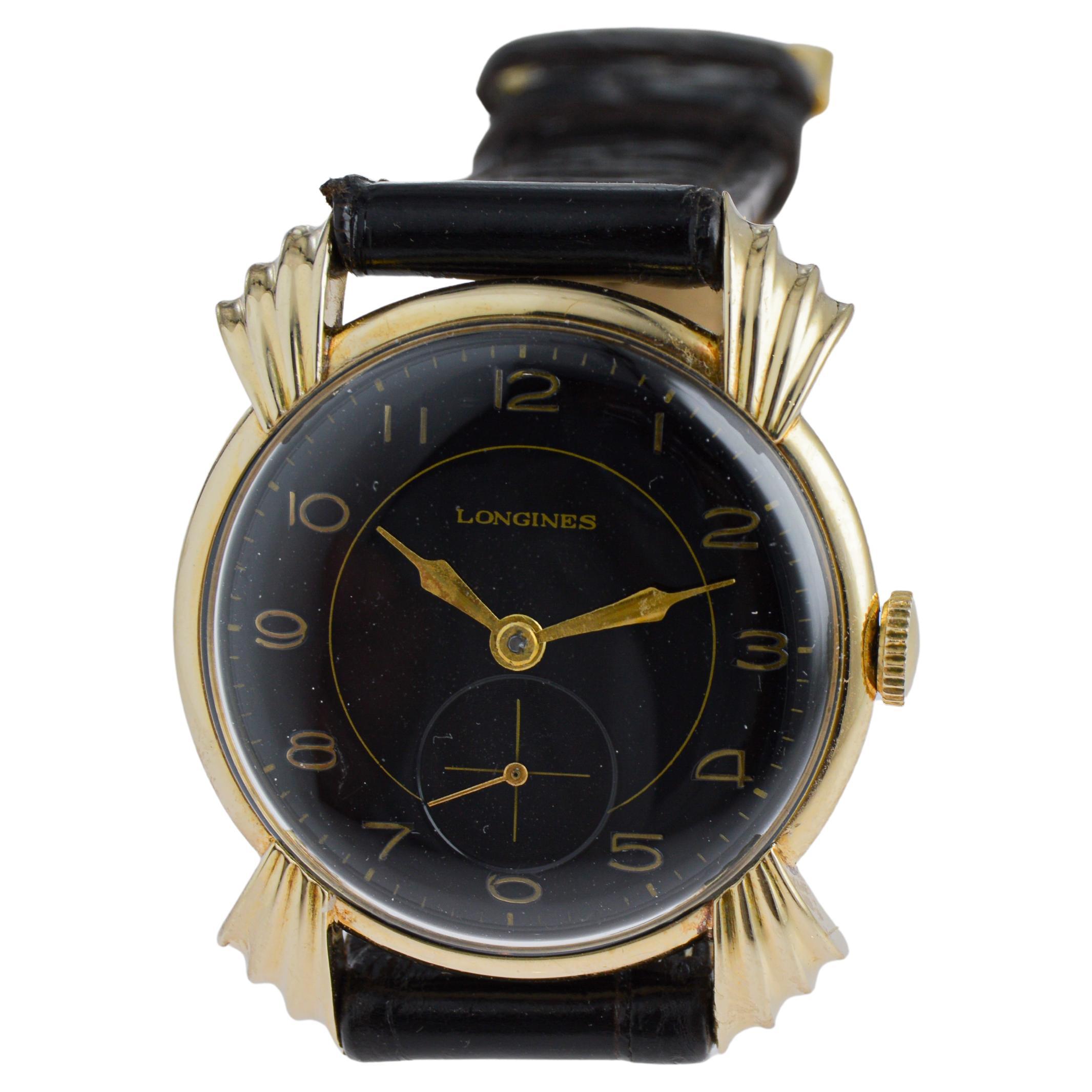 Longines 14Kt Solid Gold Rare Model Sculptured Lugs Art Deco Round Watch 1940's For Sale 7