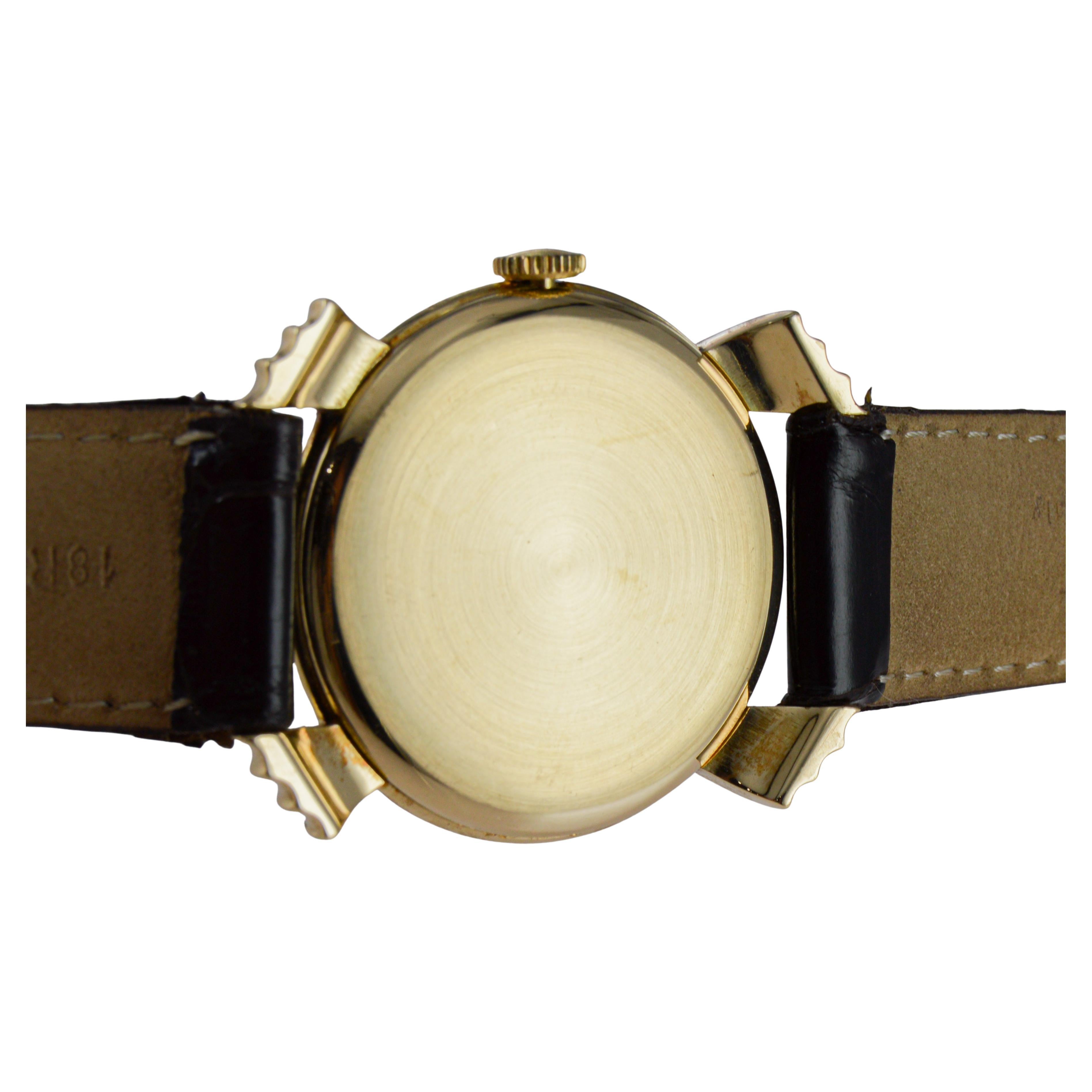 Longines 14Kt Solid Gold Rare Model Sculptured Lugs Art Deco Round Watch 1940's For Sale 9