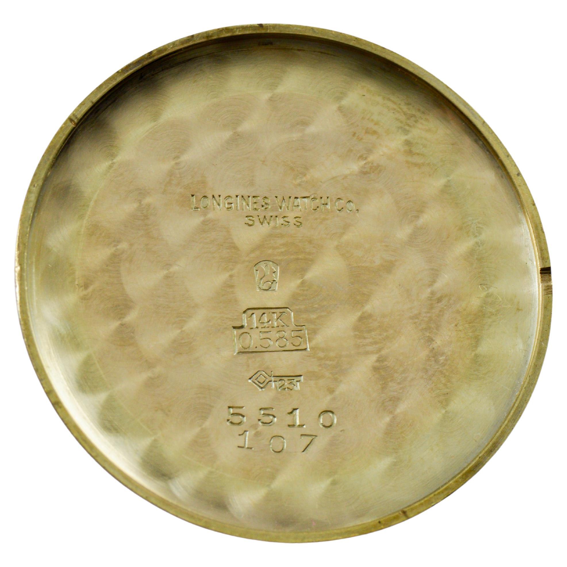 Longines 14Kt Solid Gold Rare Model Sculptured Lugs Art Deco Round Watch 1940's For Sale 10