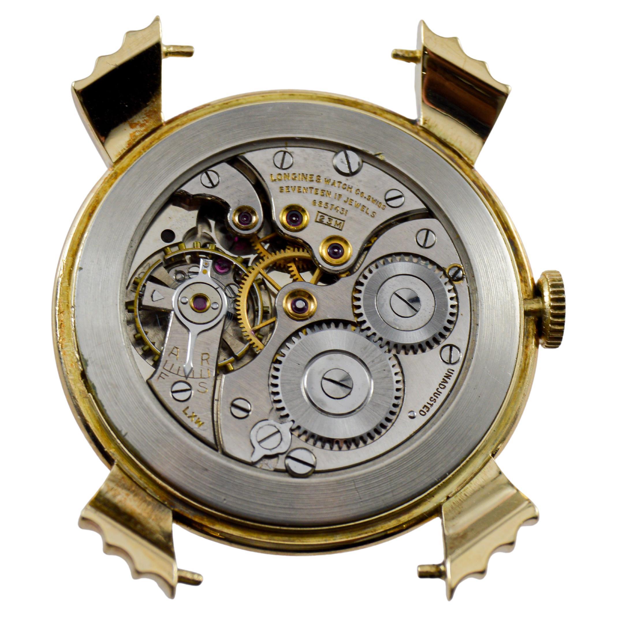 Longines 14Kt Solid Gold Rare Model Sculptured Lugs Art Deco Round Watch 1940's For Sale 11