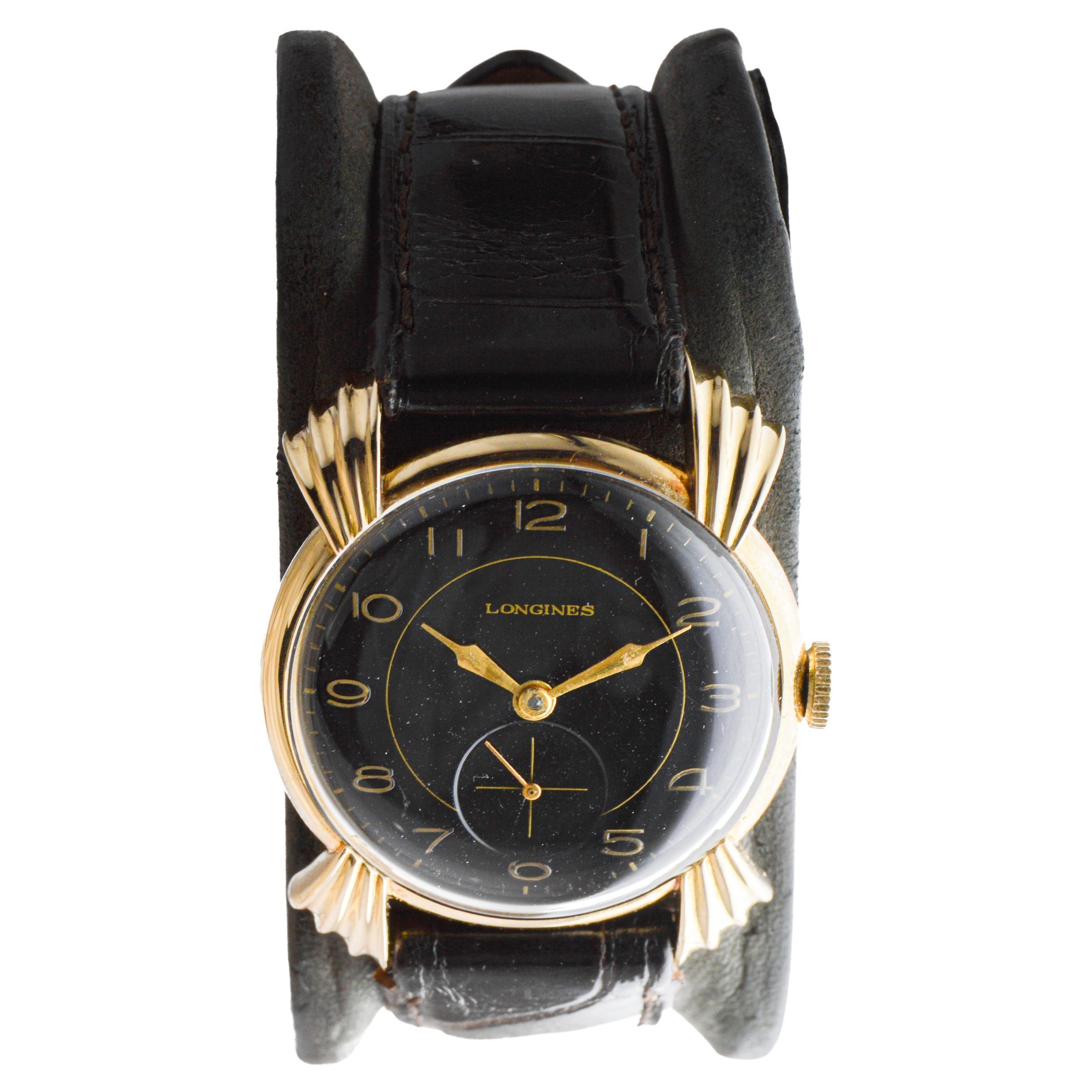 Longines 14Kt Solid Gold Rare Model Sculptured Lugs Art Deco Round Watch 1940's For Sale 1