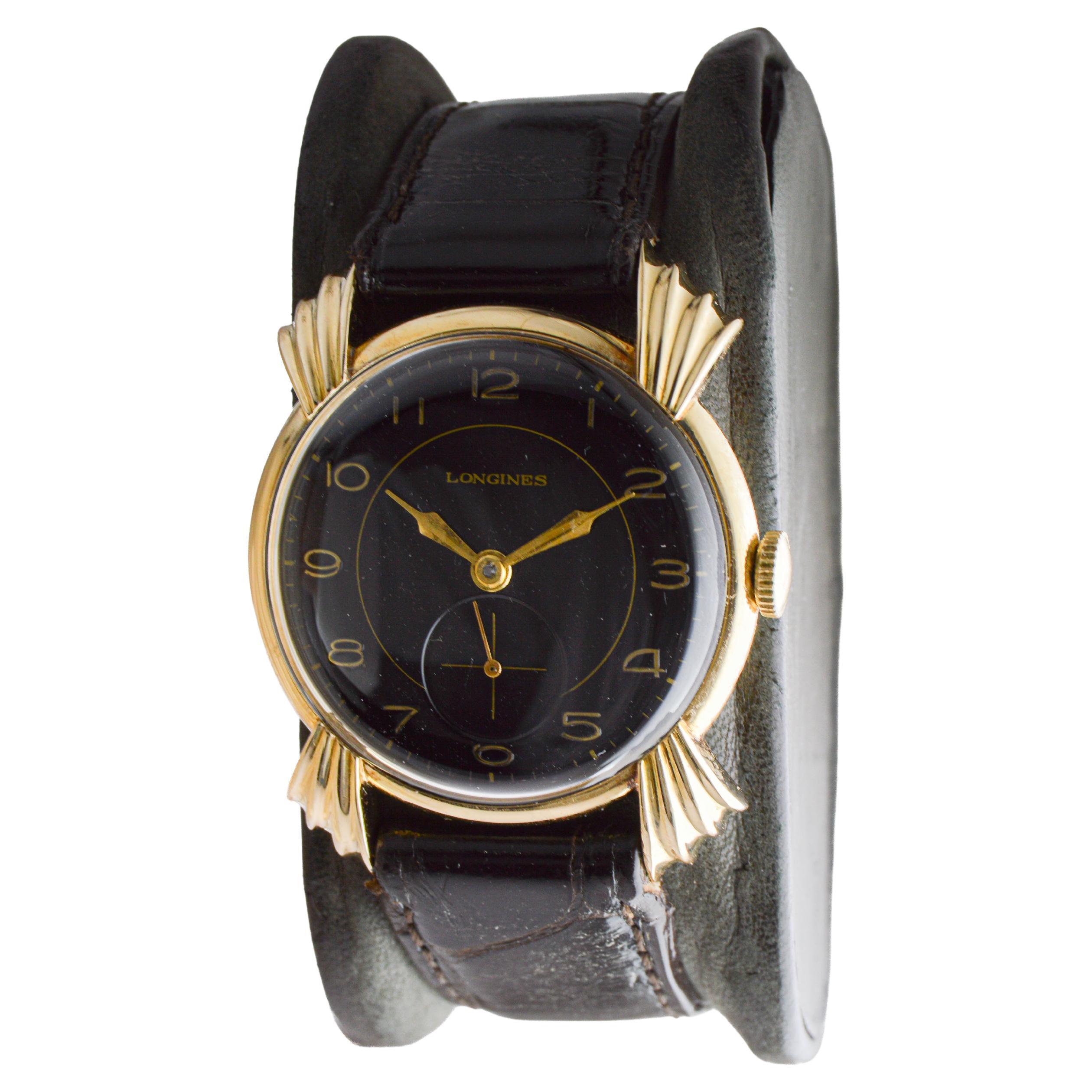 Longines 14Kt Solid Gold Rare Model Sculptured Lugs Art Deco Round Watch 1940's For Sale 2