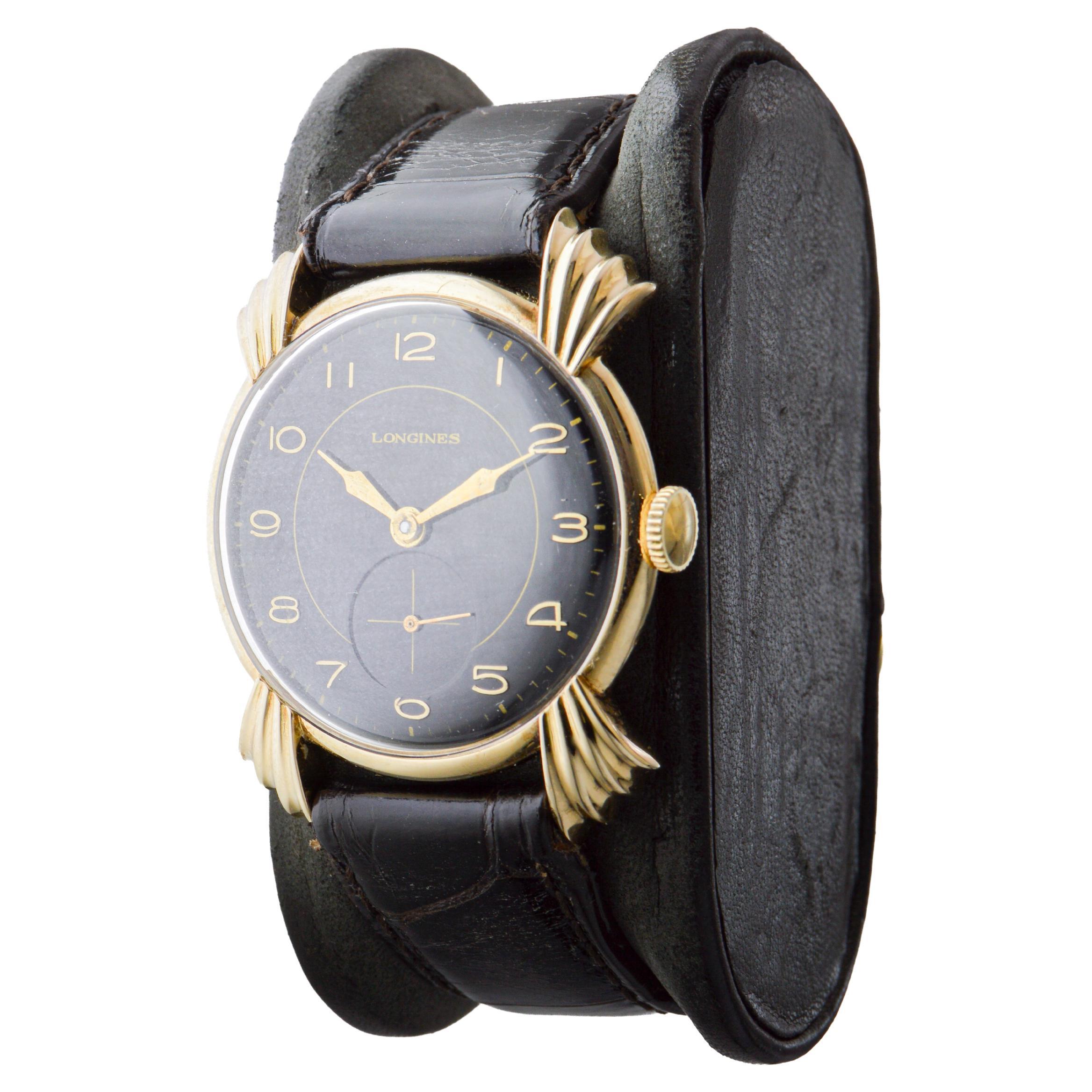 Longines 14Kt Solid Gold Rare Model Sculptured Lugs Art Deco Round Watch 1940's For Sale 3