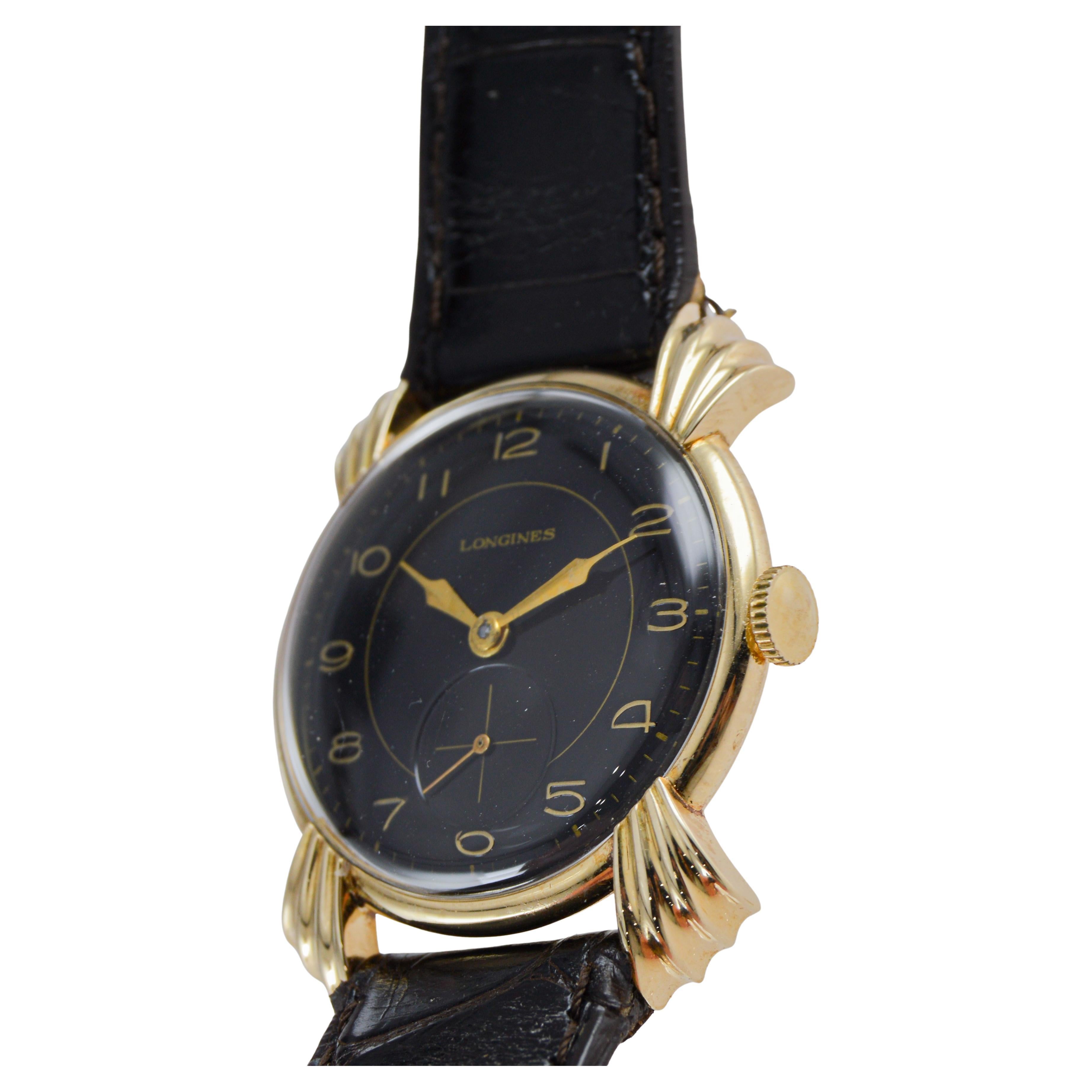 Longines 14Kt Solid Gold Rare Model Sculptured Lugs Art Deco Round Watch 1940's For Sale 5