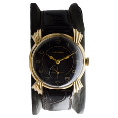 Longines Oro massiccio 14Kt Modello raro Anse scolpite Art Deco Orologio rotondo anni '40