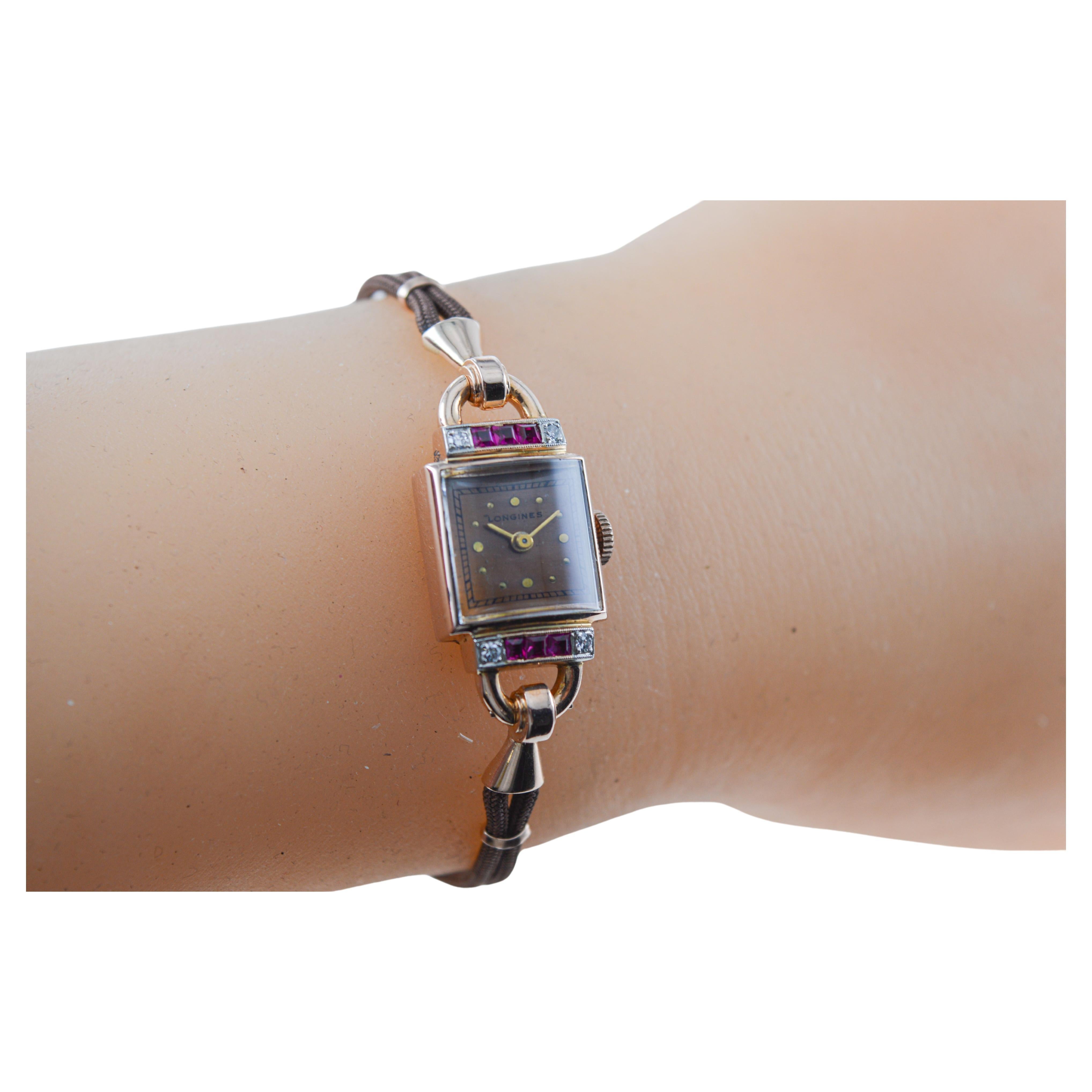 Longines 14Kt massive Roségold Art Deco Damenuhr mit echten Diamanten 1940er Jahre im Angebot 6
