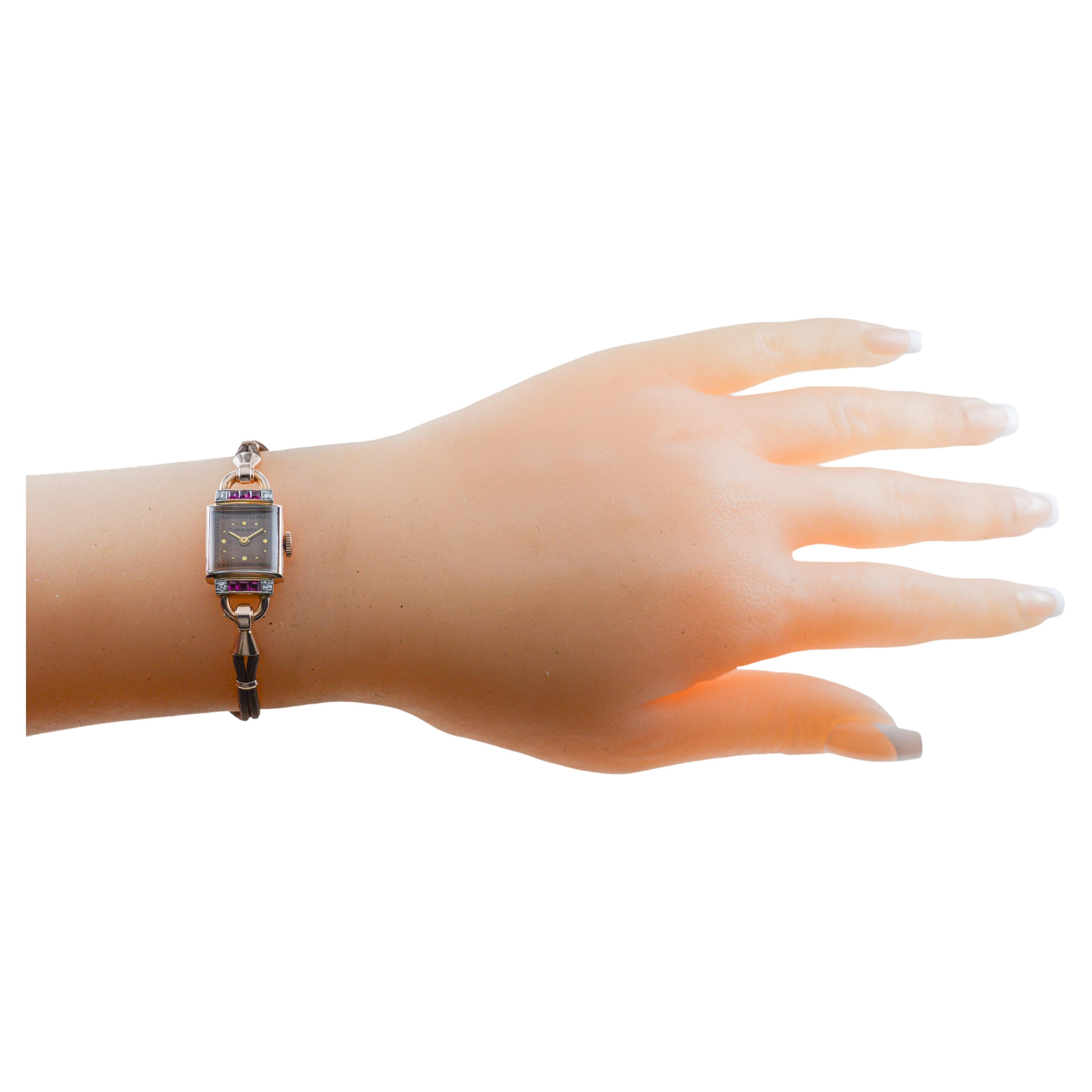 Longines 14Kt massive Roségold Art Deco Damenuhr mit echten Diamanten 1940er Jahre im Angebot 8