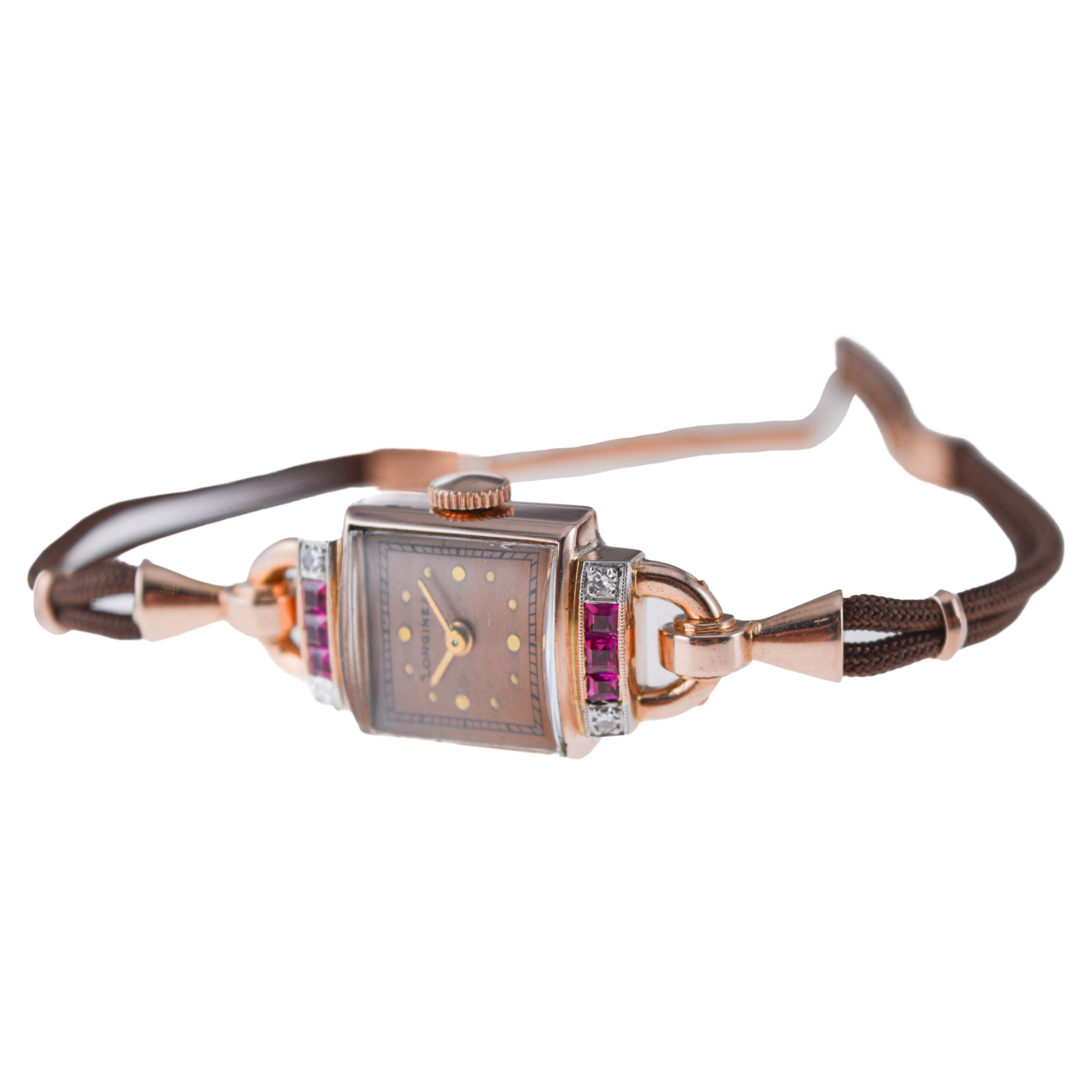 Longines 14Kt massive Roségold Art Deco Damenuhr mit echten Diamanten 1940er Jahre (Art déco) im Angebot