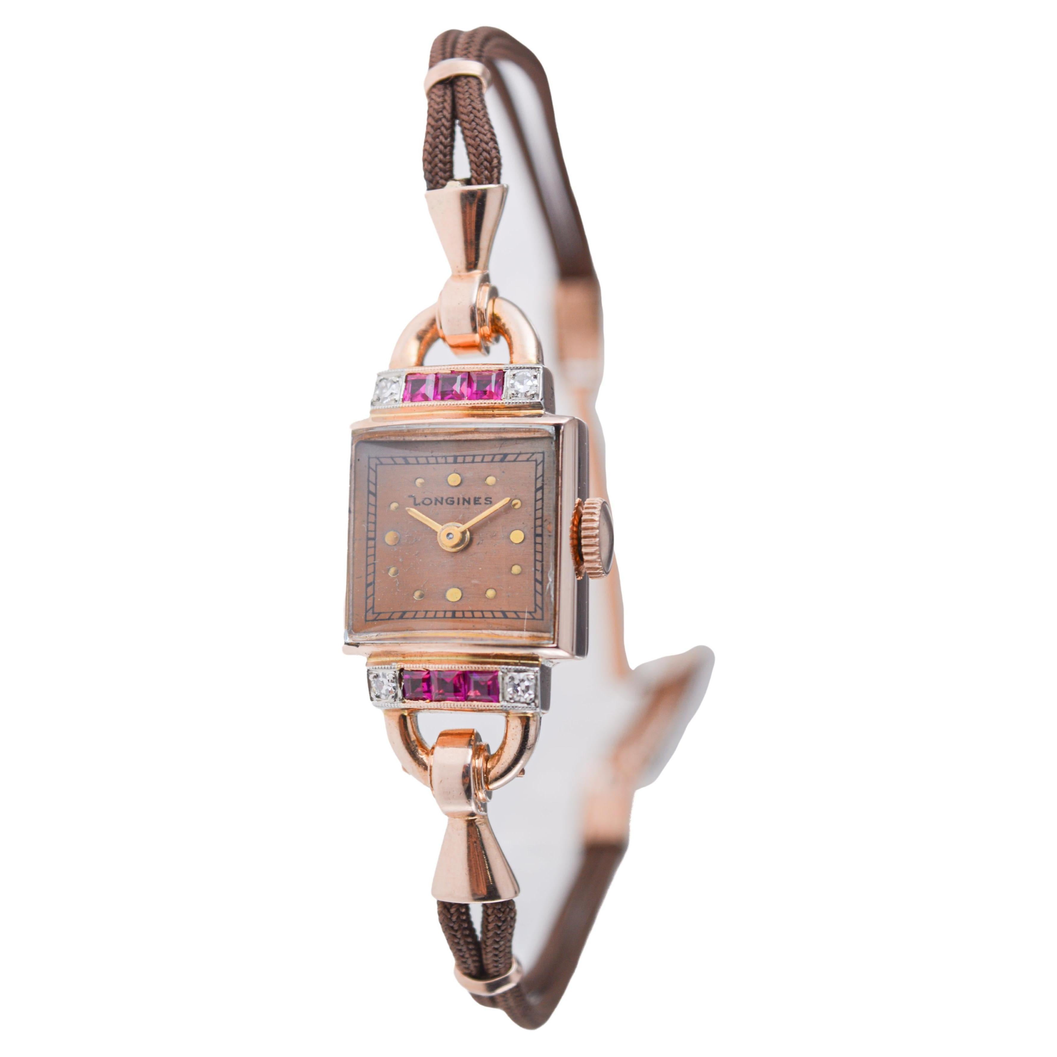 Longines 14Kt Solid Rose Gold Art Deco Ladies Watch with Genuine Diamonds 1940s