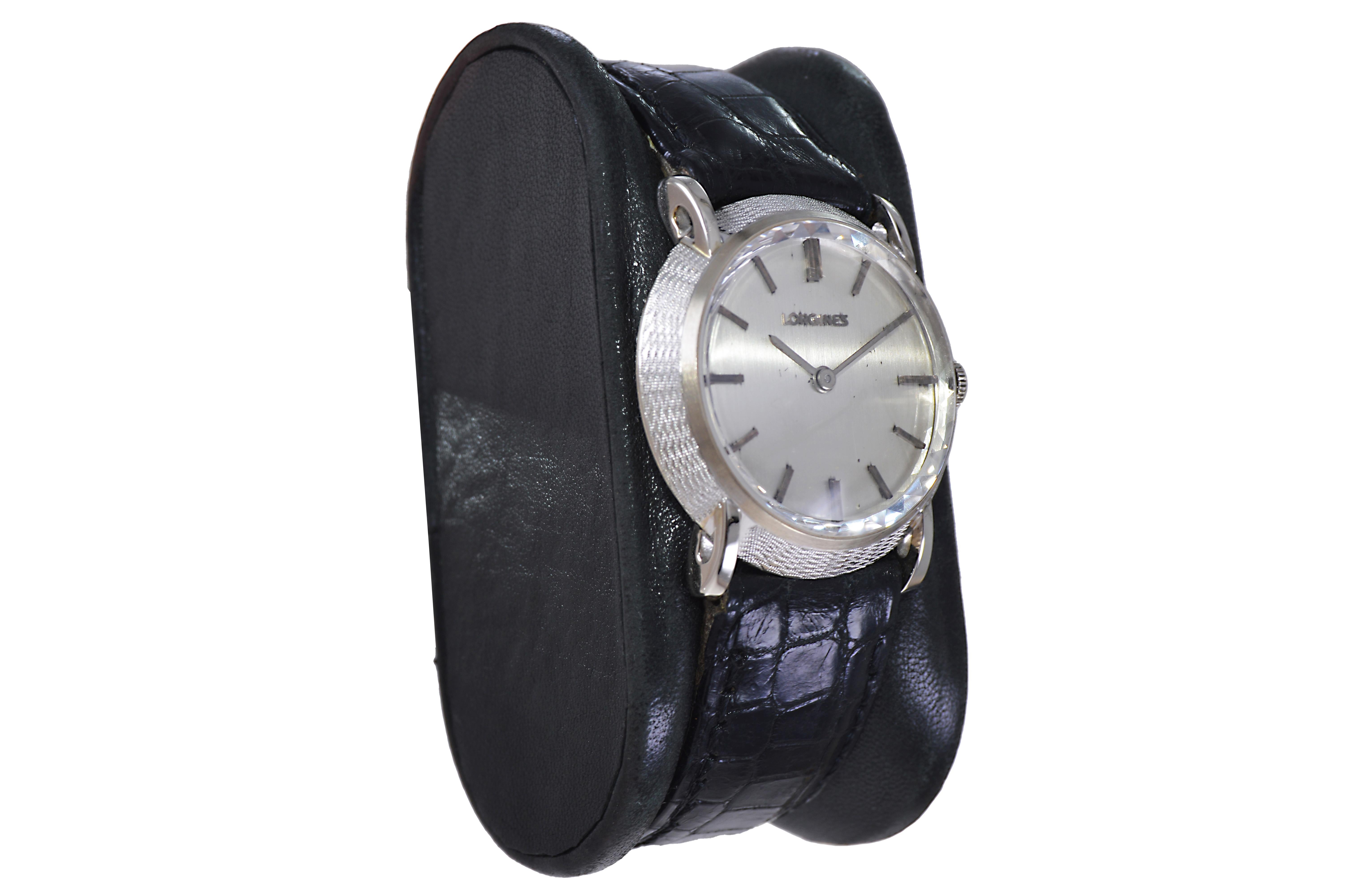Modernist Longines 14kt. Solid White Gold Original Multifaceted Crystal Dress Watch For Sale
