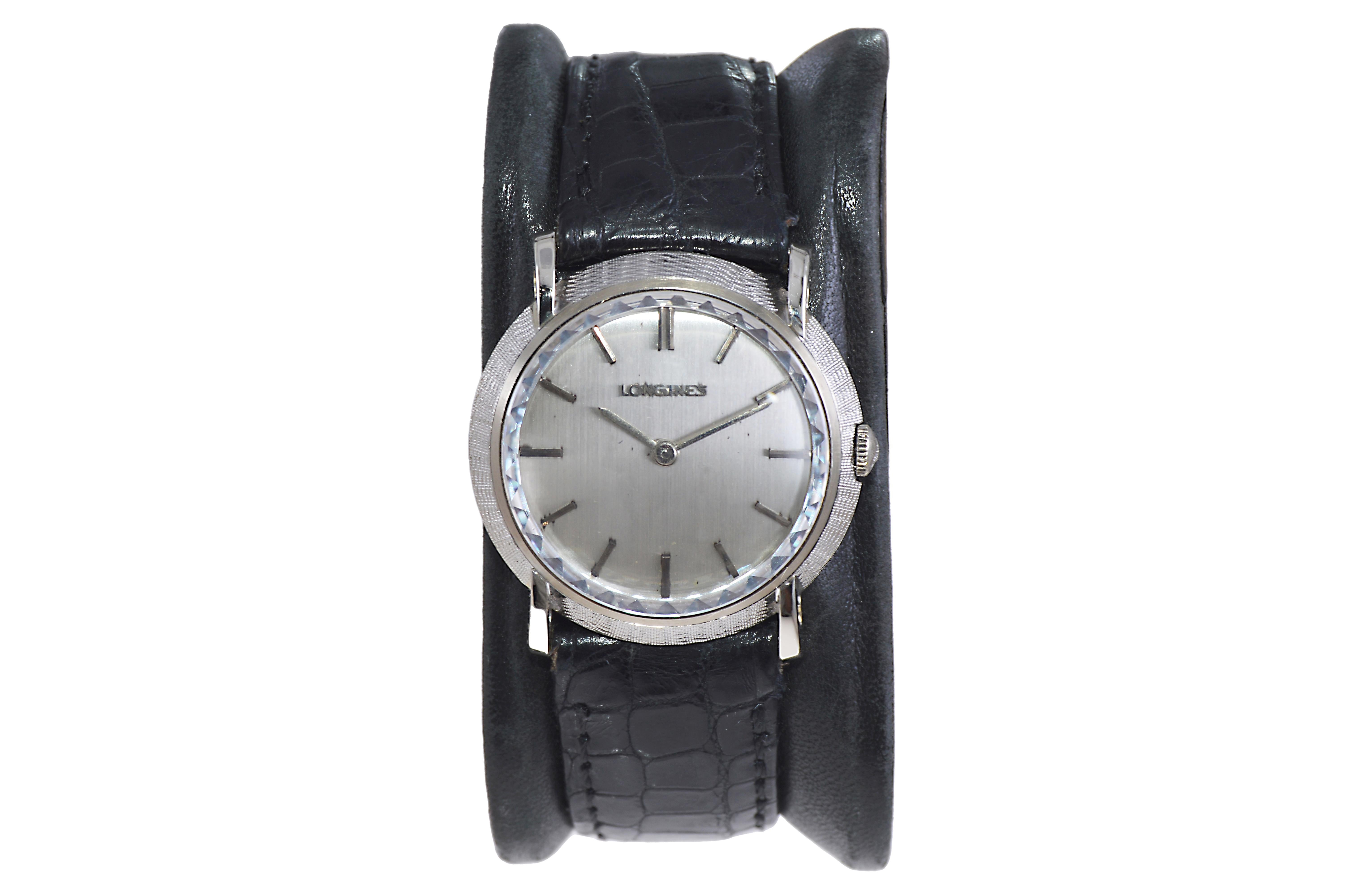 Longines 14kt. Solid White Gold Original Multifaceted Crystal Dress Watch In Excellent Condition For Sale In Long Beach, CA