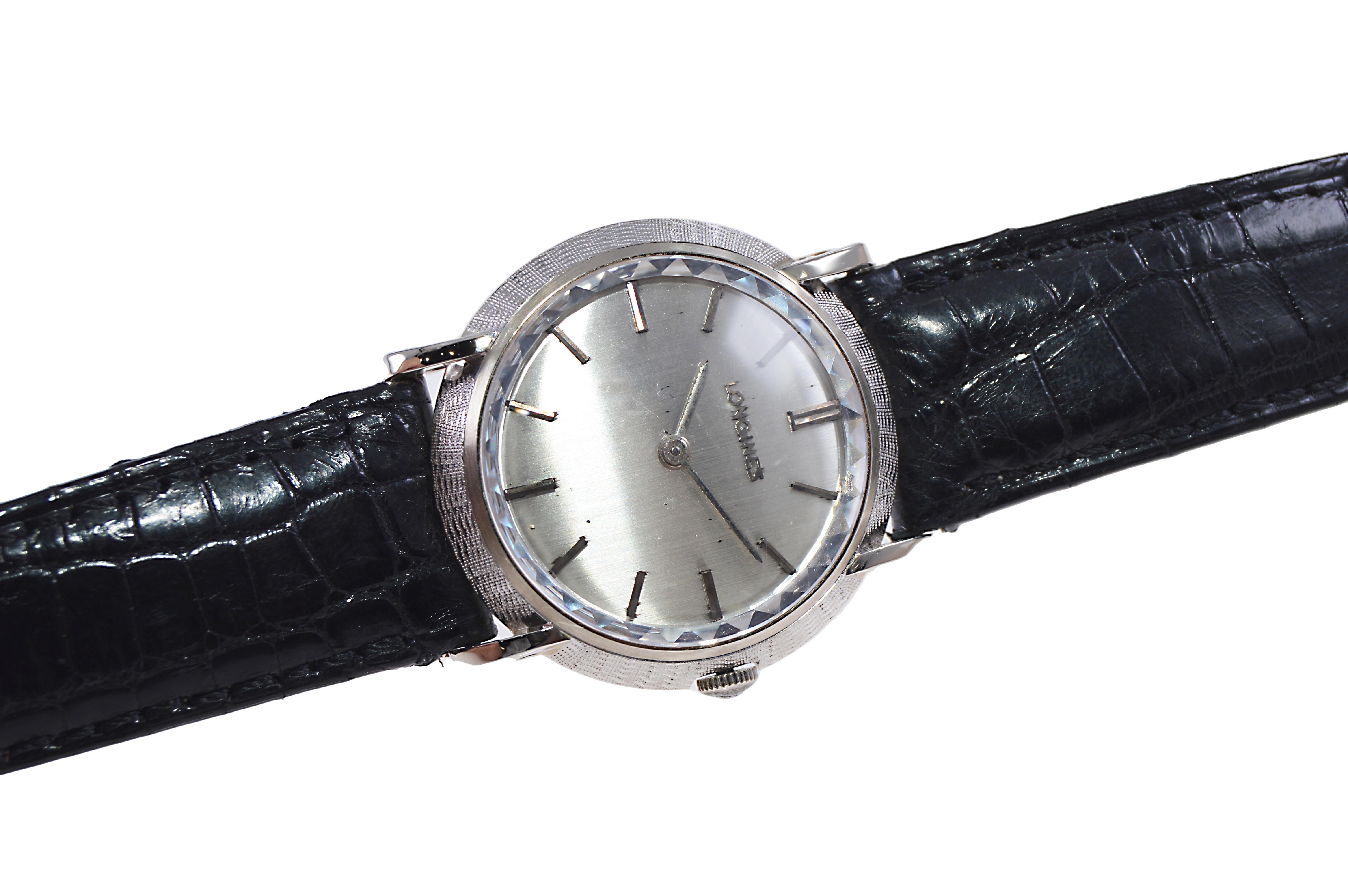 Modernist Longines 14kt. Solid White Gold Original Multifaceted Crystal Dress Watch For Sale