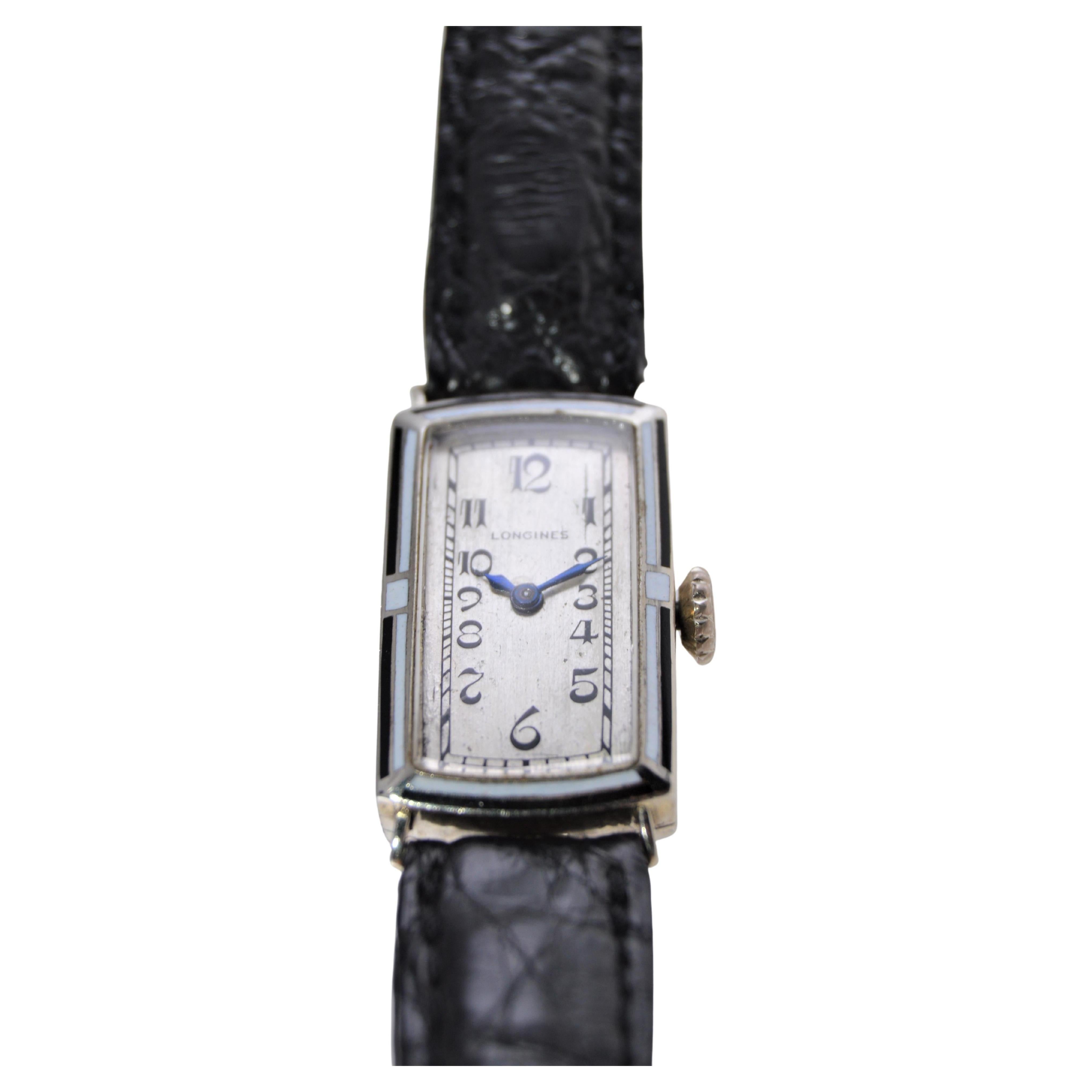 Women's Longines 14Kt. White Gold and Enamel Art Deco Watch, Dial by Stern Freres 1930's For Sale