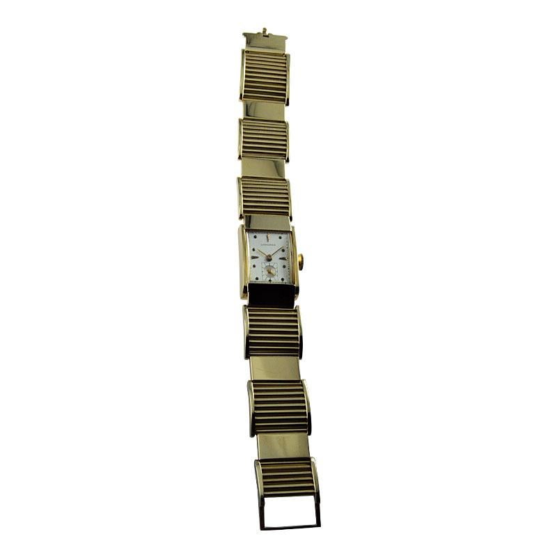 Women's or Men's Longines 14Kt. Yellow Gold Art Deco Rare Hand Constructed Bracelet Watch, 1940s For Sale