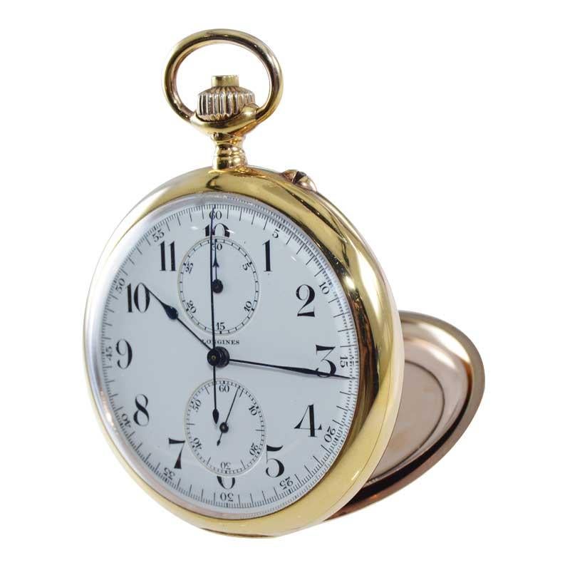 Art Deco Longines 14kt Yellow Gold Open Face Chronograph Pocket Watch from 1920's For Sale