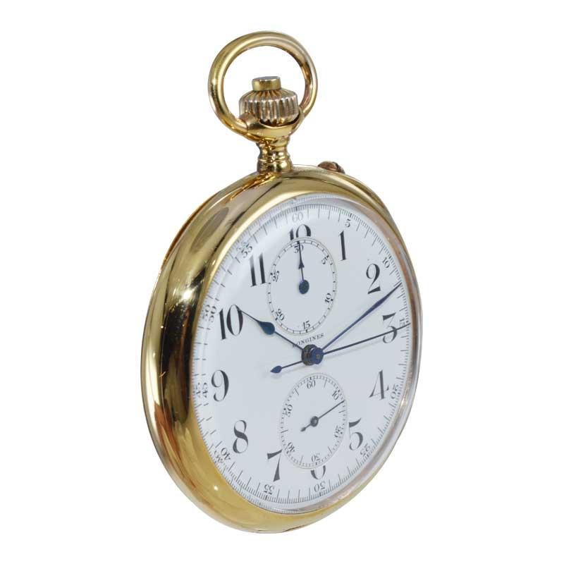 Longines 14kt Yellow Gold Open Face Chronograph Pocket Watch from 1920's In Excellent Condition For Sale In Long Beach, CA