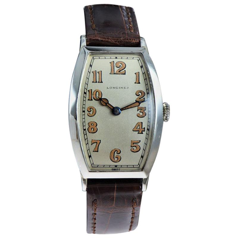 Longines 18 Karat Solid White Gold Tonneau Shaped Wristwatch from 1925